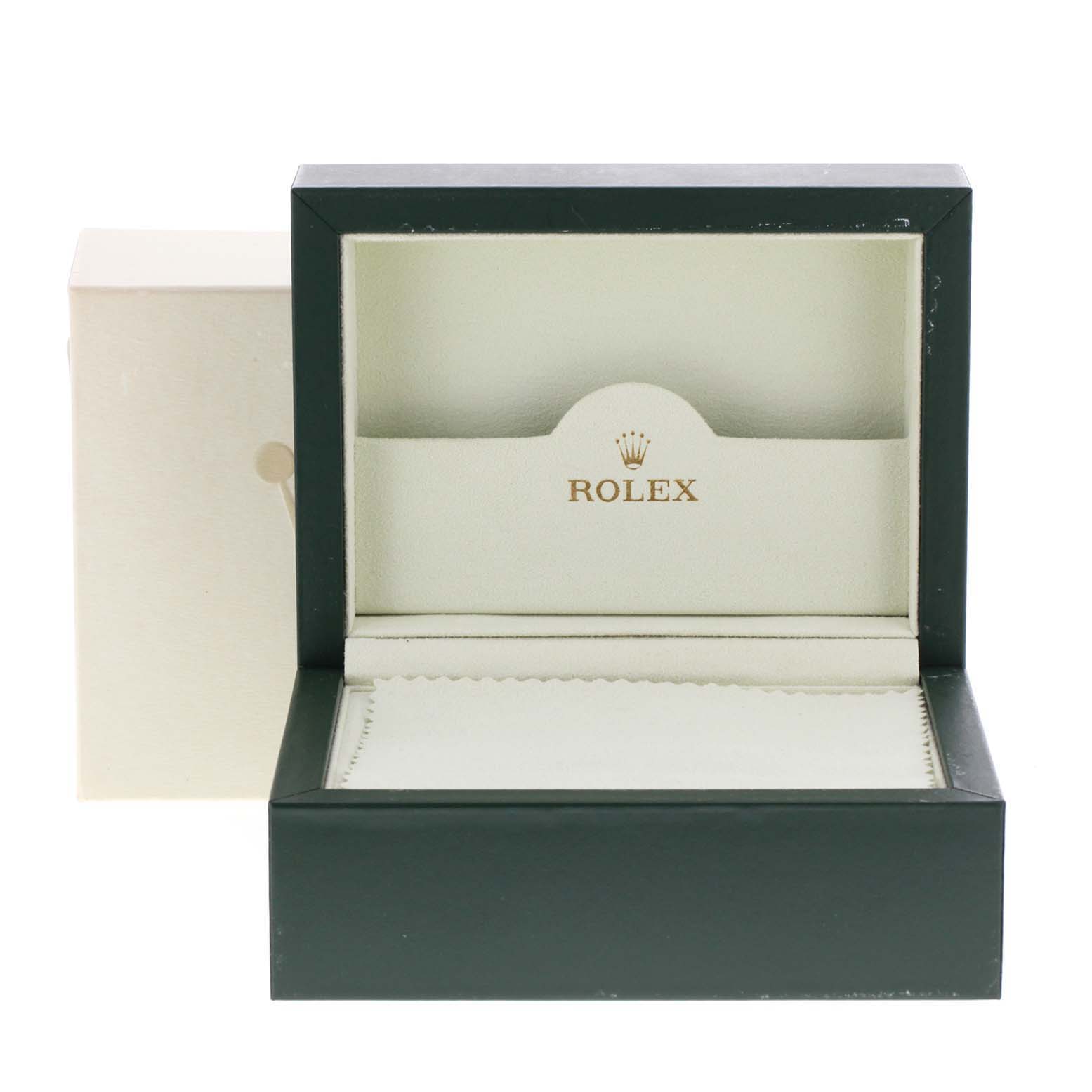 This image shows an open Rolex Submariner 16610 Men
s Stainless Steel Black Dial 16610 Men
s Stainless Steel Black Dial watch box from a front angle.