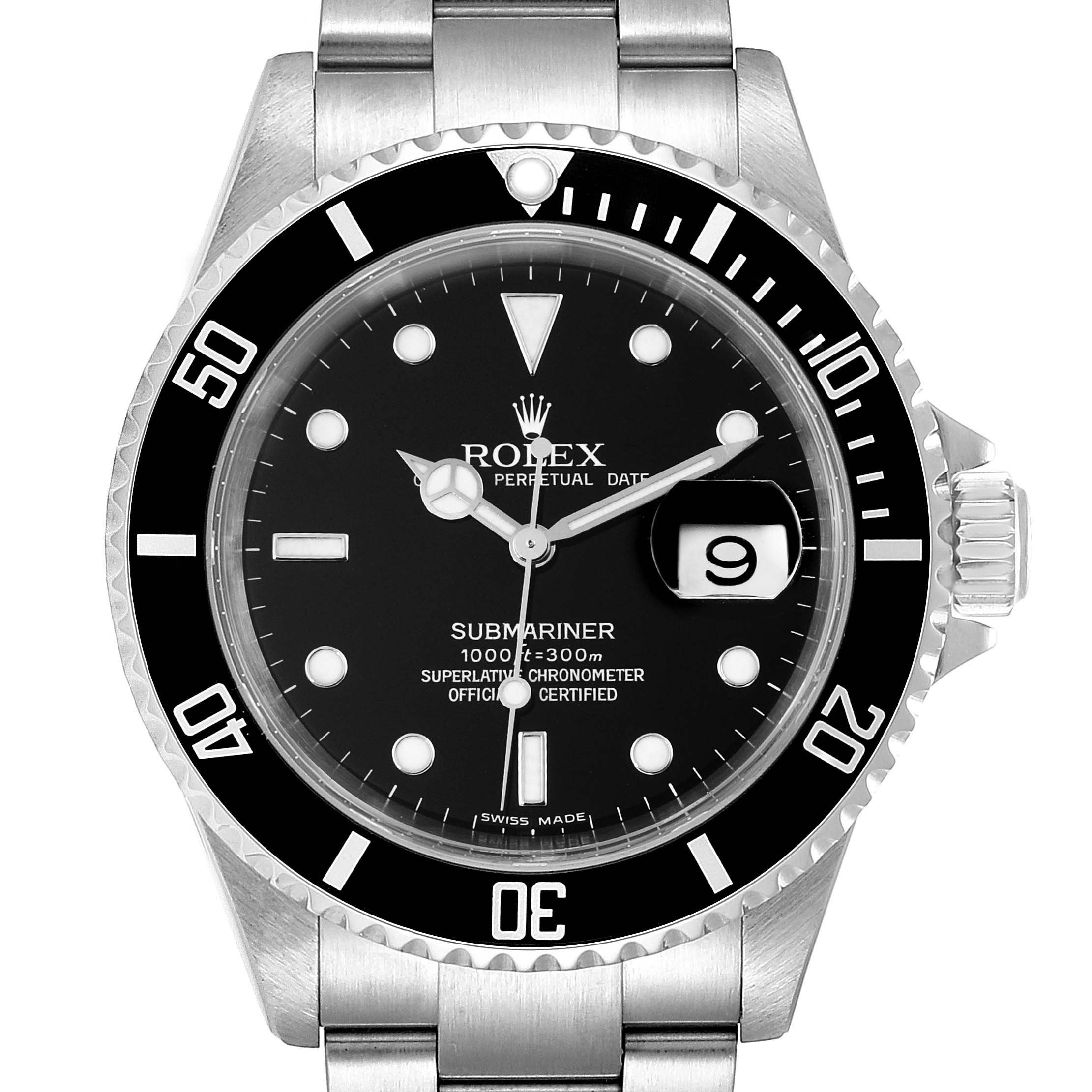 This image shows a front view of the Rolex Submariner 16610 Men
s Stainless Steel Black Dial 16610 Men
s Stainless Steel Black Dial watch, displaying the face, bezel, crown, and part of the bracelet.
