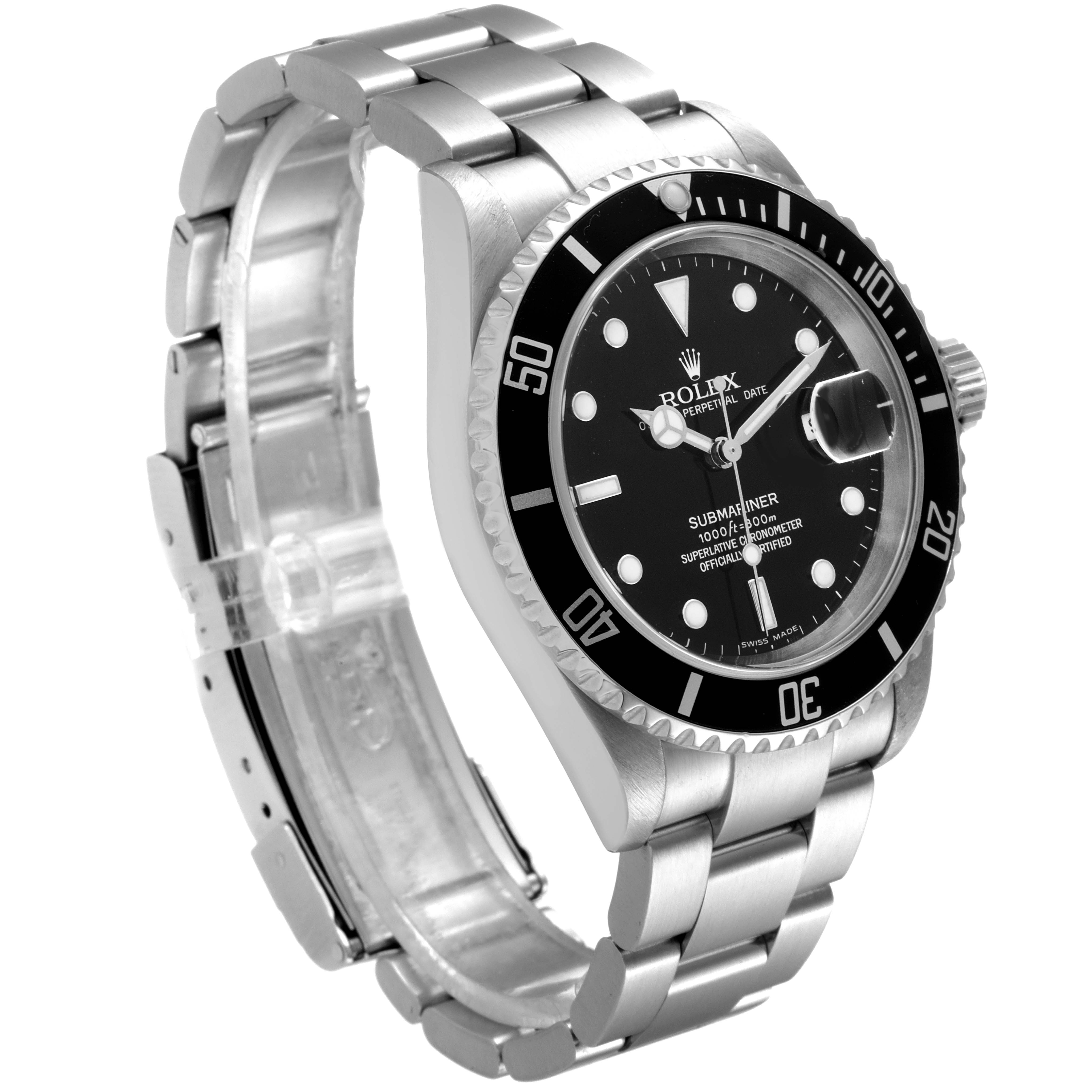 The Rolex Submariner 16610 Men
s Stainless Steel Black Dial 16610 Men
s Stainless Steel Black Dial watch is shown at a three-quarter angle, highlighting its black dial, bezel, and silver bracelet.