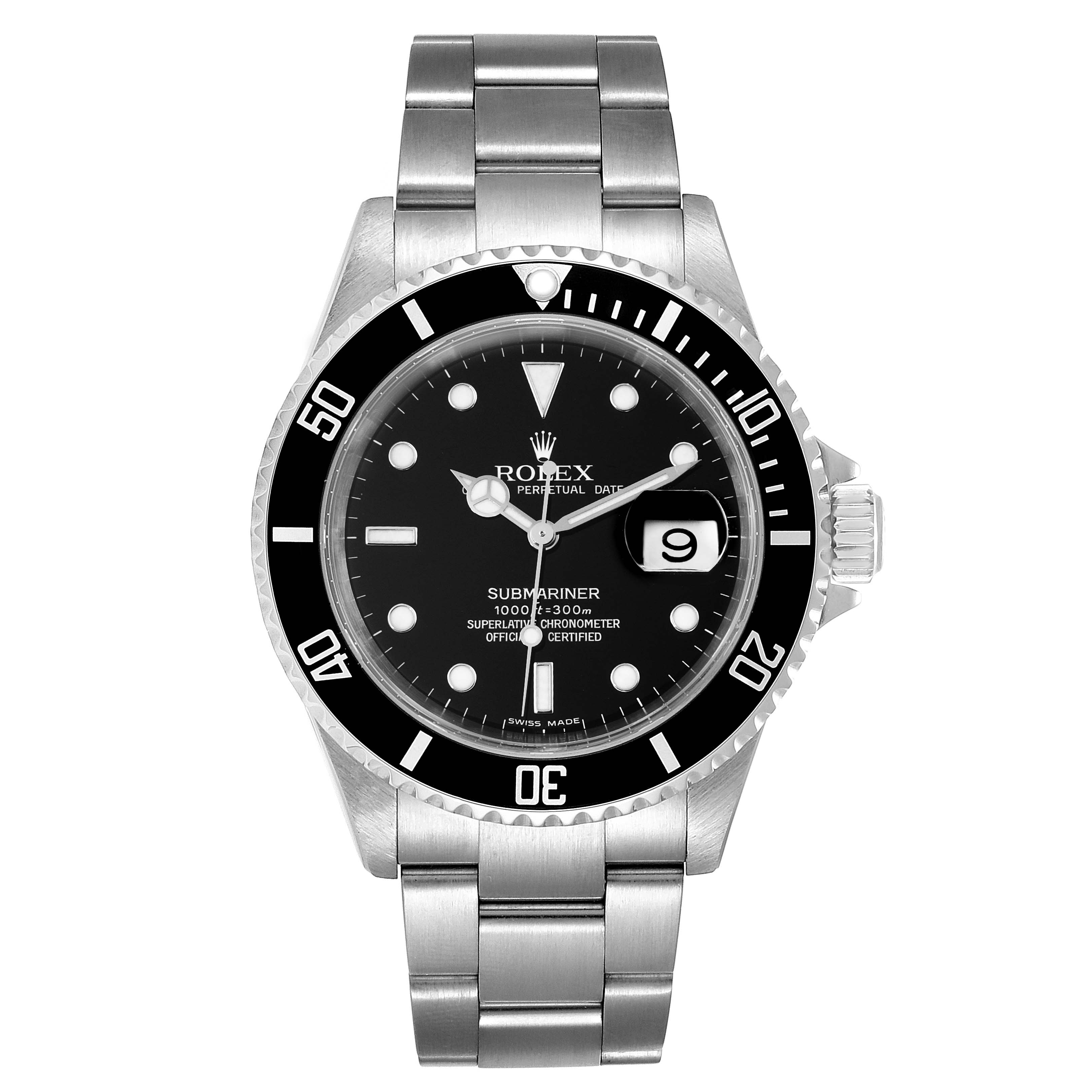 The image shows a front view of a Rolex Submariner 16610 Men
s Stainless Steel Black Dial 16610 Men
s Stainless Steel Black Dial watch, displaying its dial, bezel, case, and stainless steel bracelet.