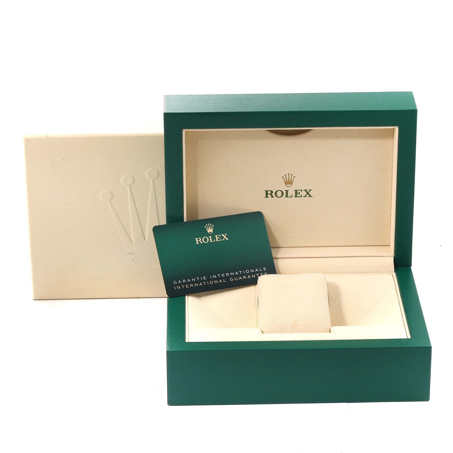The image shows a Rolex Submariner 126610 Men's Stainless Steel Black Dial watch box and warranty card, with a green and beige color scheme, viewed from the front.