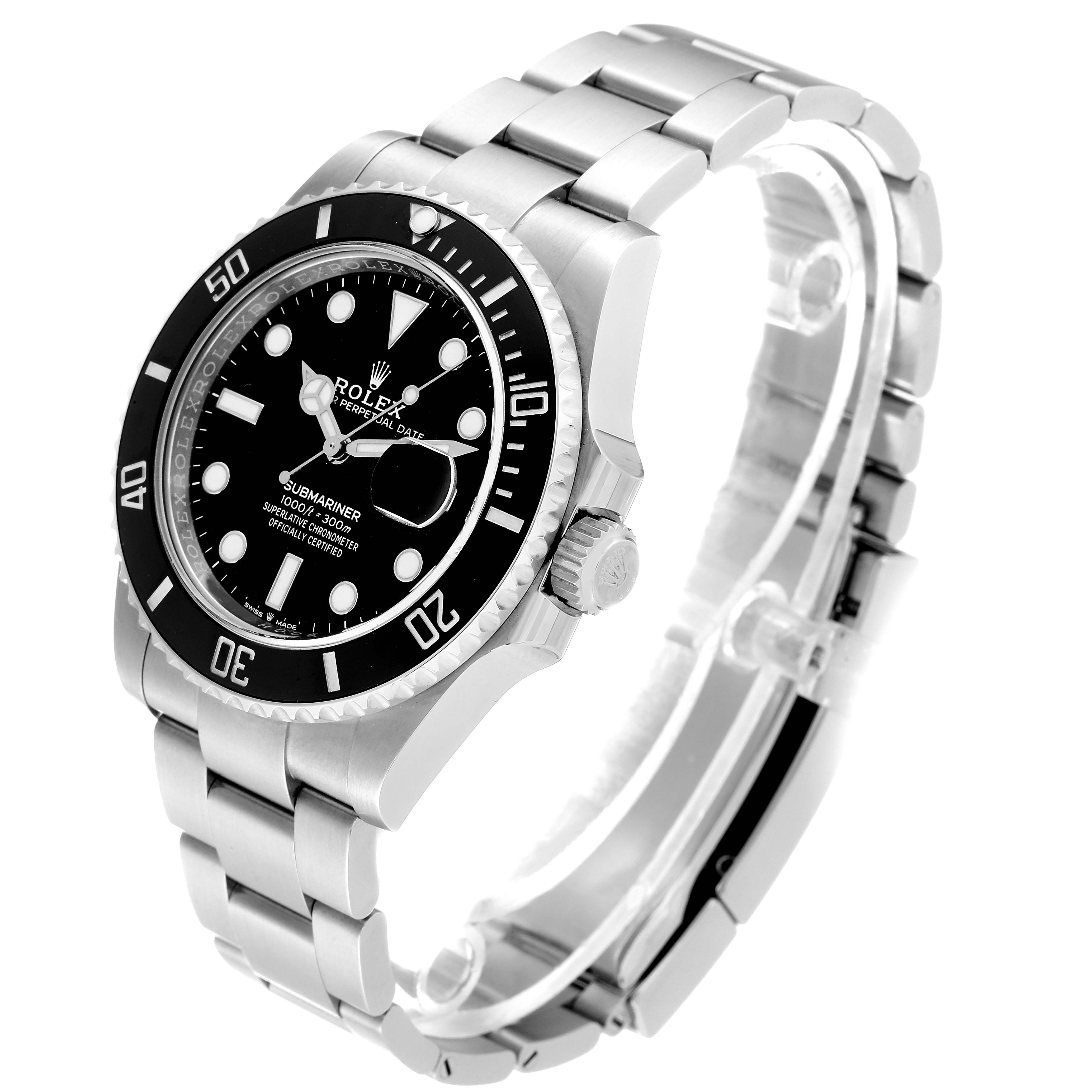 The Rolex Submariner 126610 Men's Stainless Steel Black Dial watch is shown at an angled side view, highlighting the bezel, dial, bracelet, and crown.