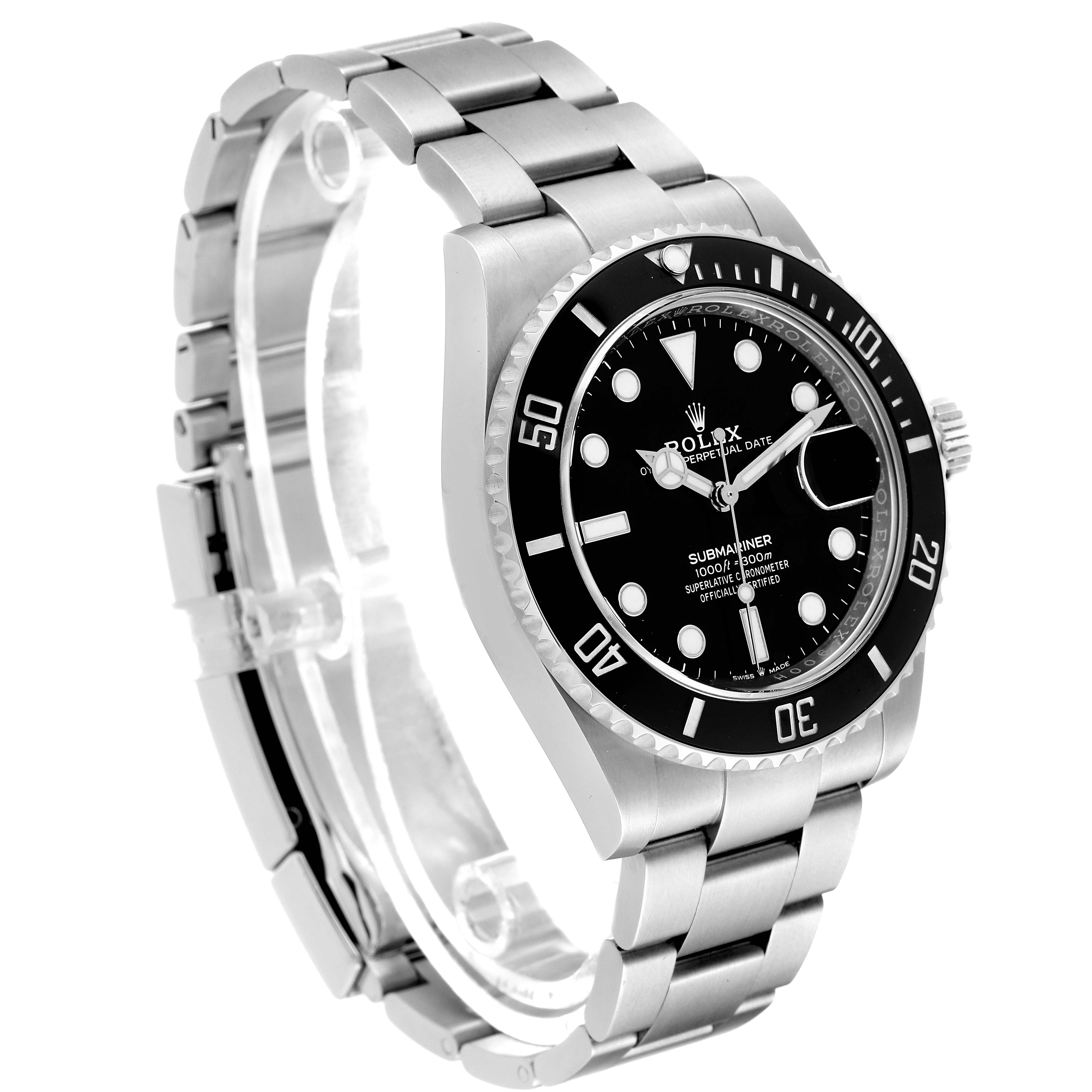 The Rolex Submariner 126610 Men's Stainless Steel Black Dial watch is shown at a front-left angle, highlighting the dial, bezel, and bracelet.