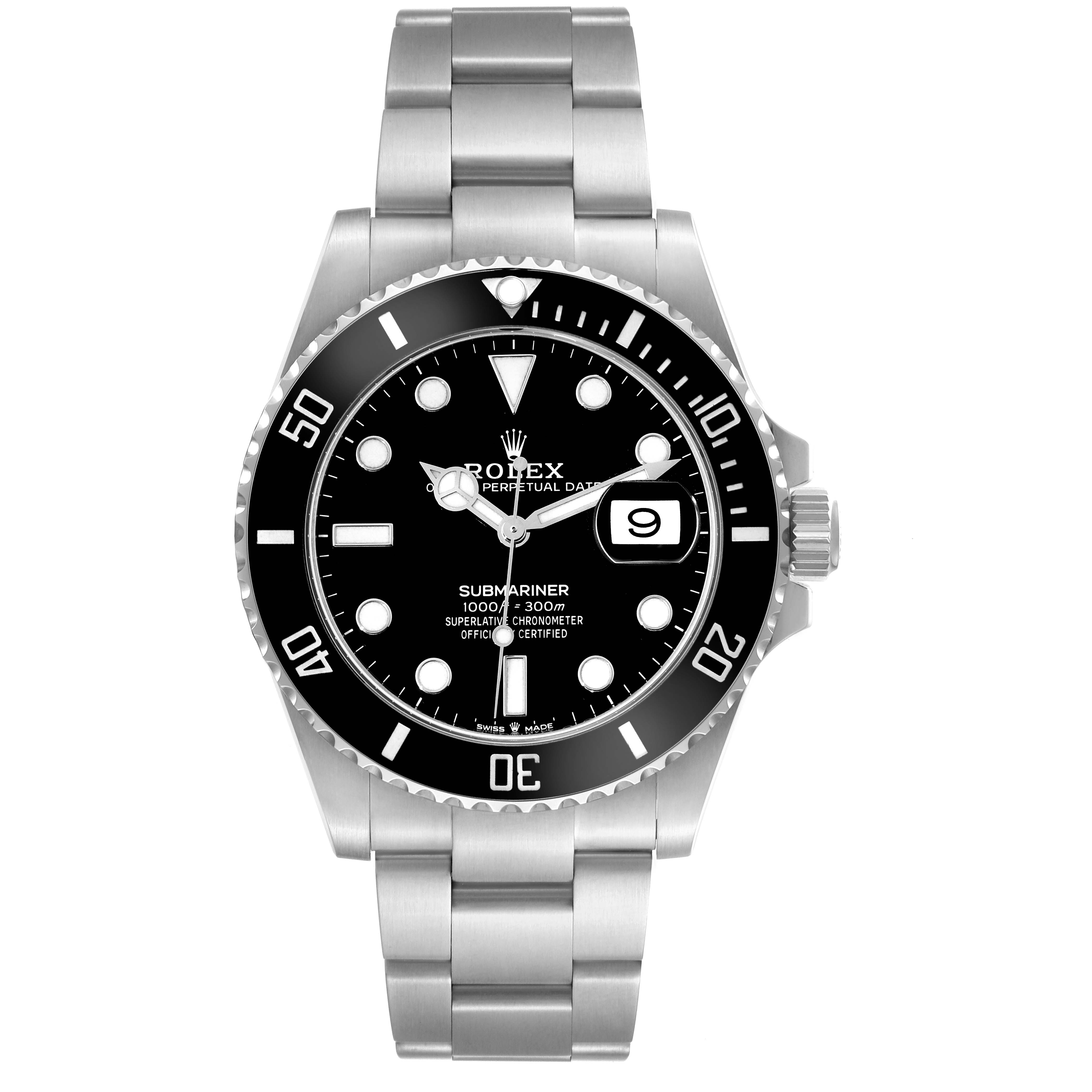 The Rolex Submariner 126610 Men's Stainless Steel Black Dial watch is shown from a front view, displaying its dial, bezel, case, and bracelet.