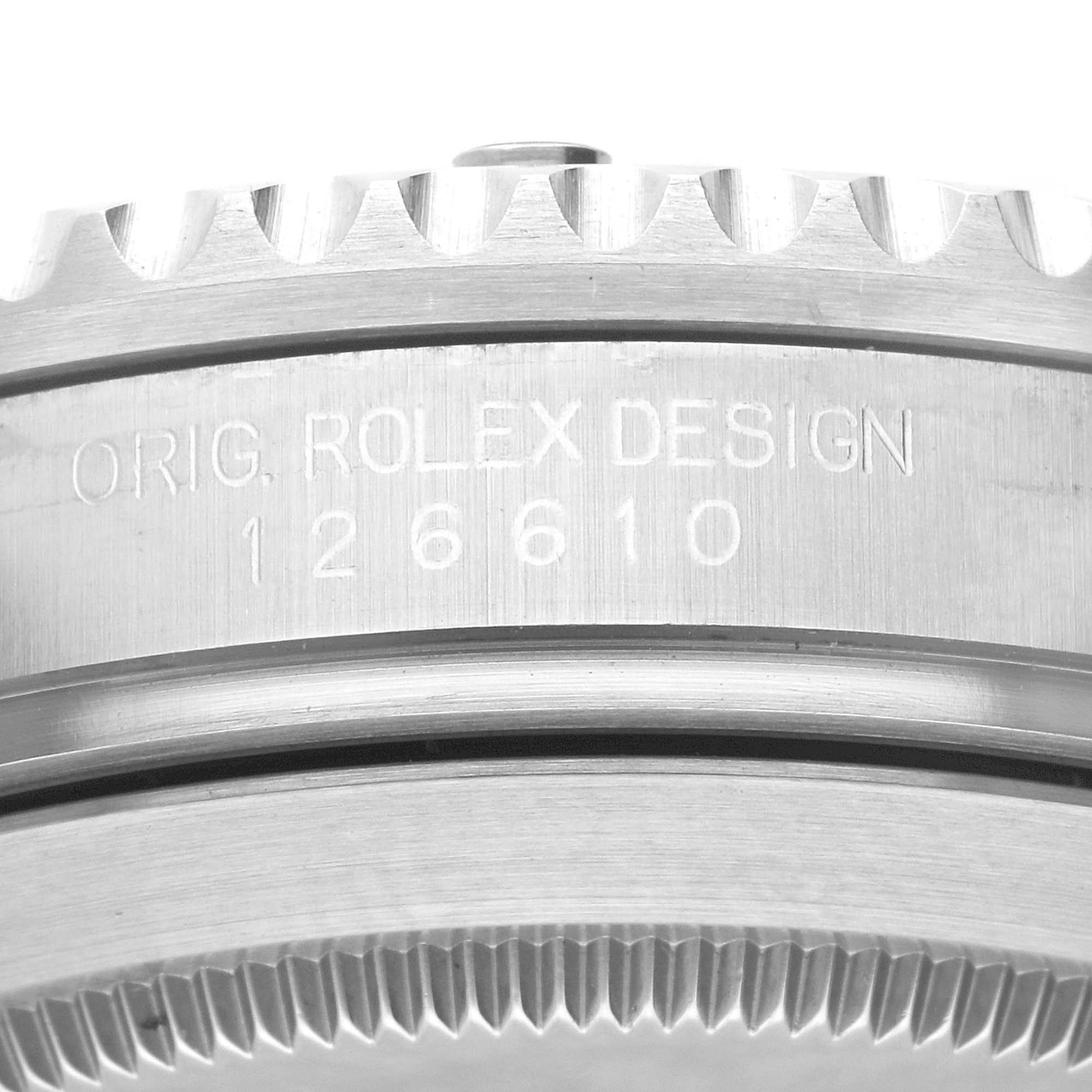 The image shows a side view of the Rolex Submariner 126610 Men's Stainless Steel Black Dial's case, showcasing the engraved model number and design details.