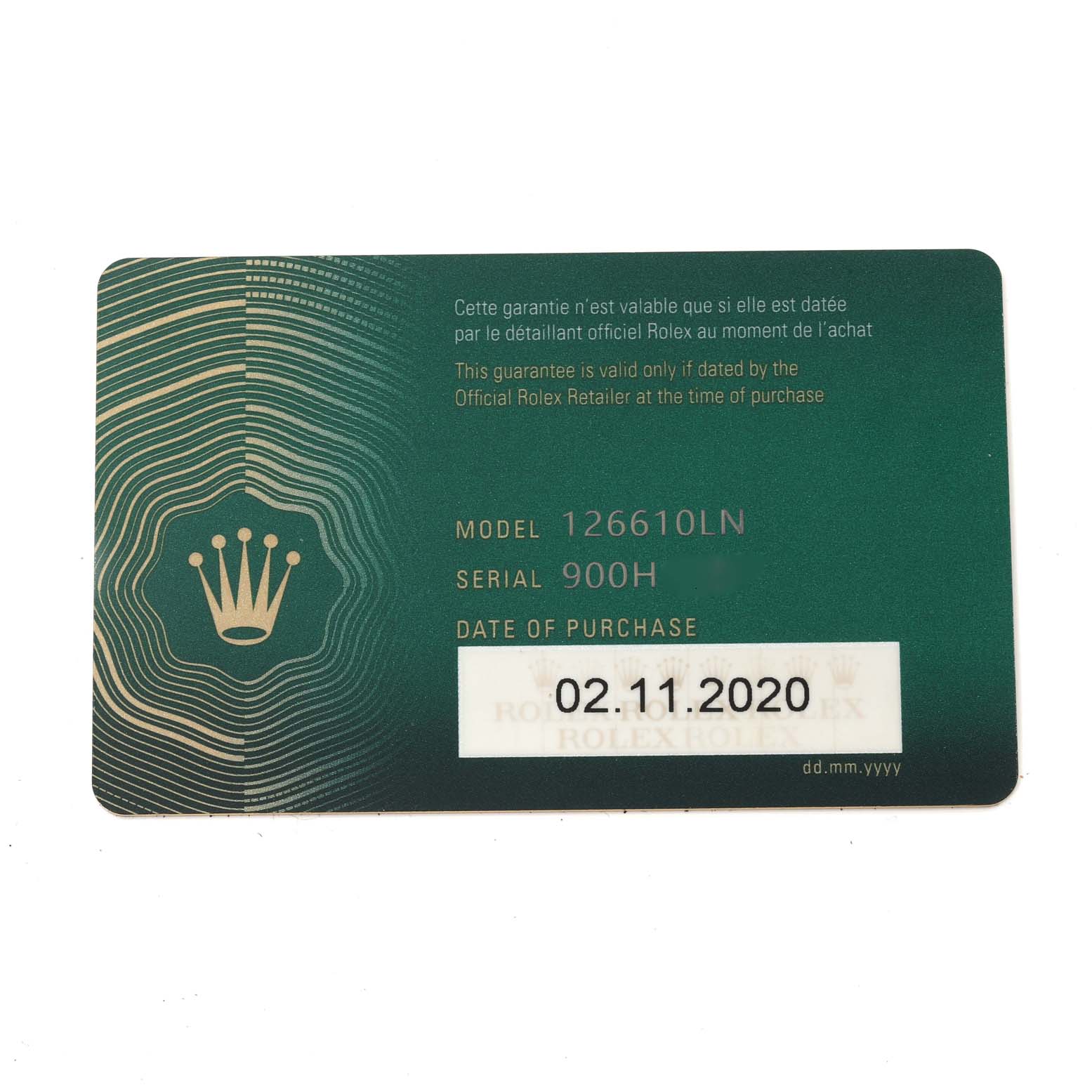 This image shows the warranty card for a Rolex Submariner 126610 Men's Stainless Steel Black Dial, featuring the model 126610LN and purchase date.
