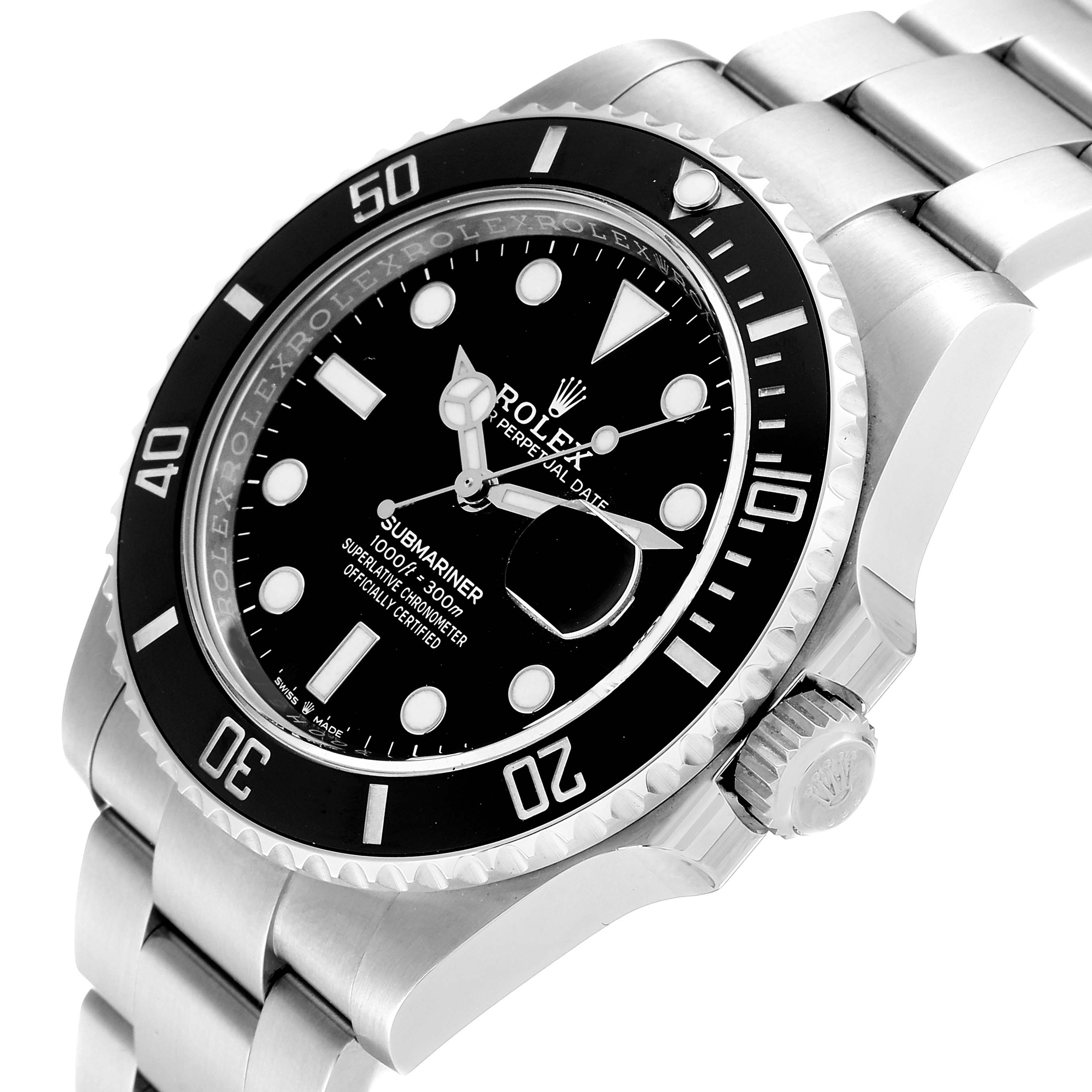 The Rolex Submariner 126610 Men's Stainless Steel Black Dial watch is shown at an angled view, displaying the crown, bezel, dial, and part of the bracelet.