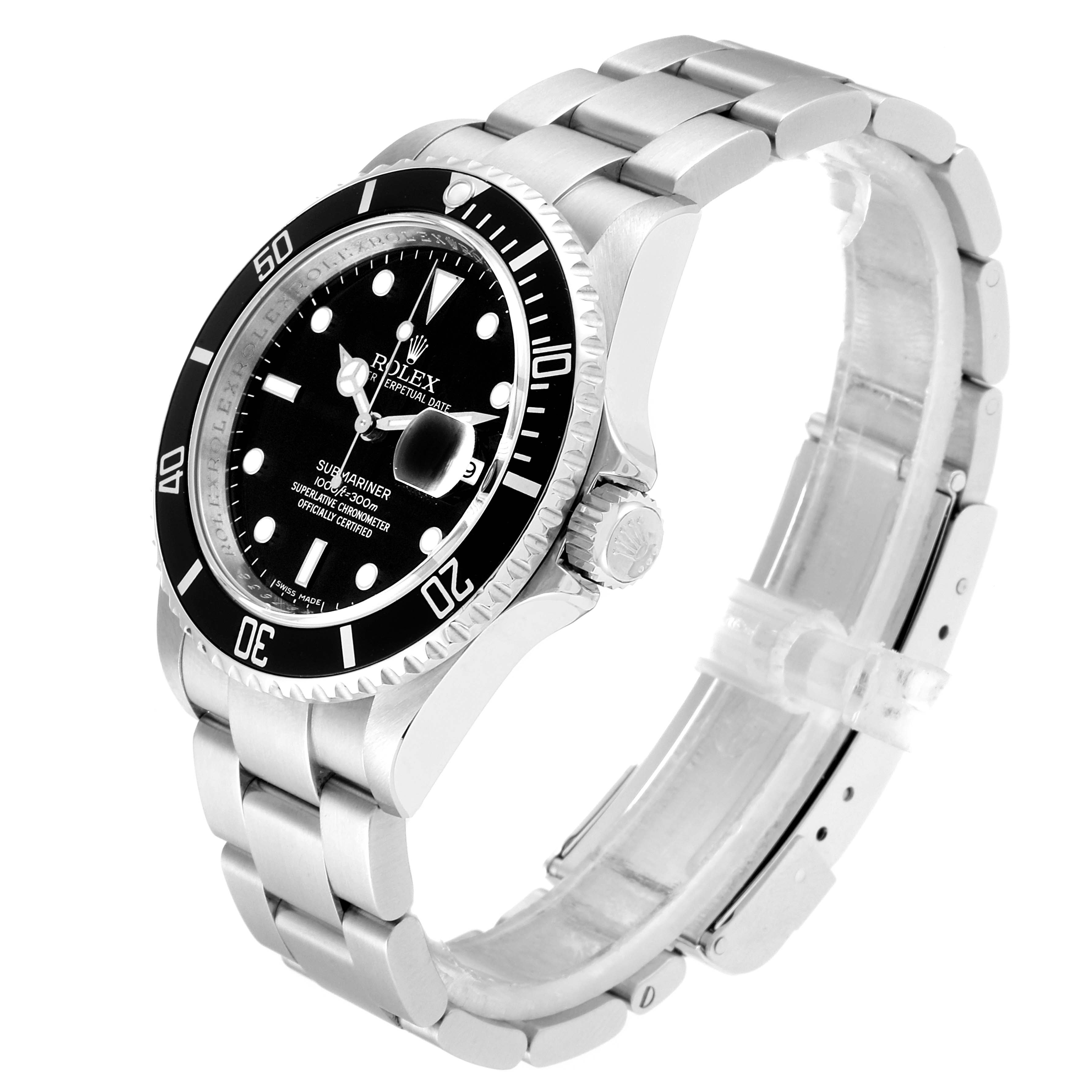The image shows a Rolex Submariner 16610 Men
s Stainless Steel Black Dial 16610 Men
s Stainless Steel Black Dial watch at a 3/4 angle, highlighting the bracelet, bezel, and dial.