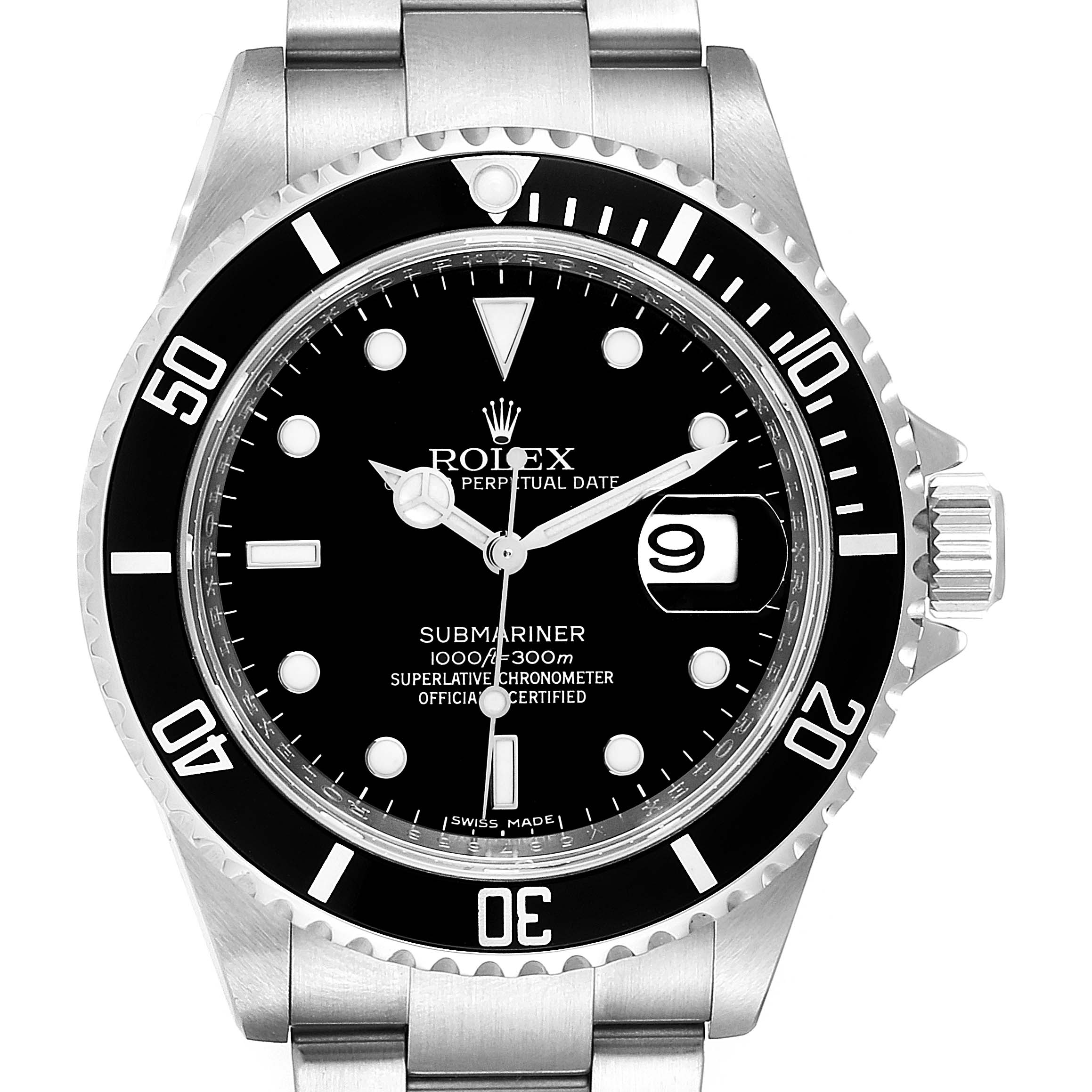 The image shows a front view of a Rolex Submariner 16610 Men
s Stainless Steel Black Dial 16610 Men
s Stainless Steel Black Dial watch, displaying its dial, bezel, and bracelet.