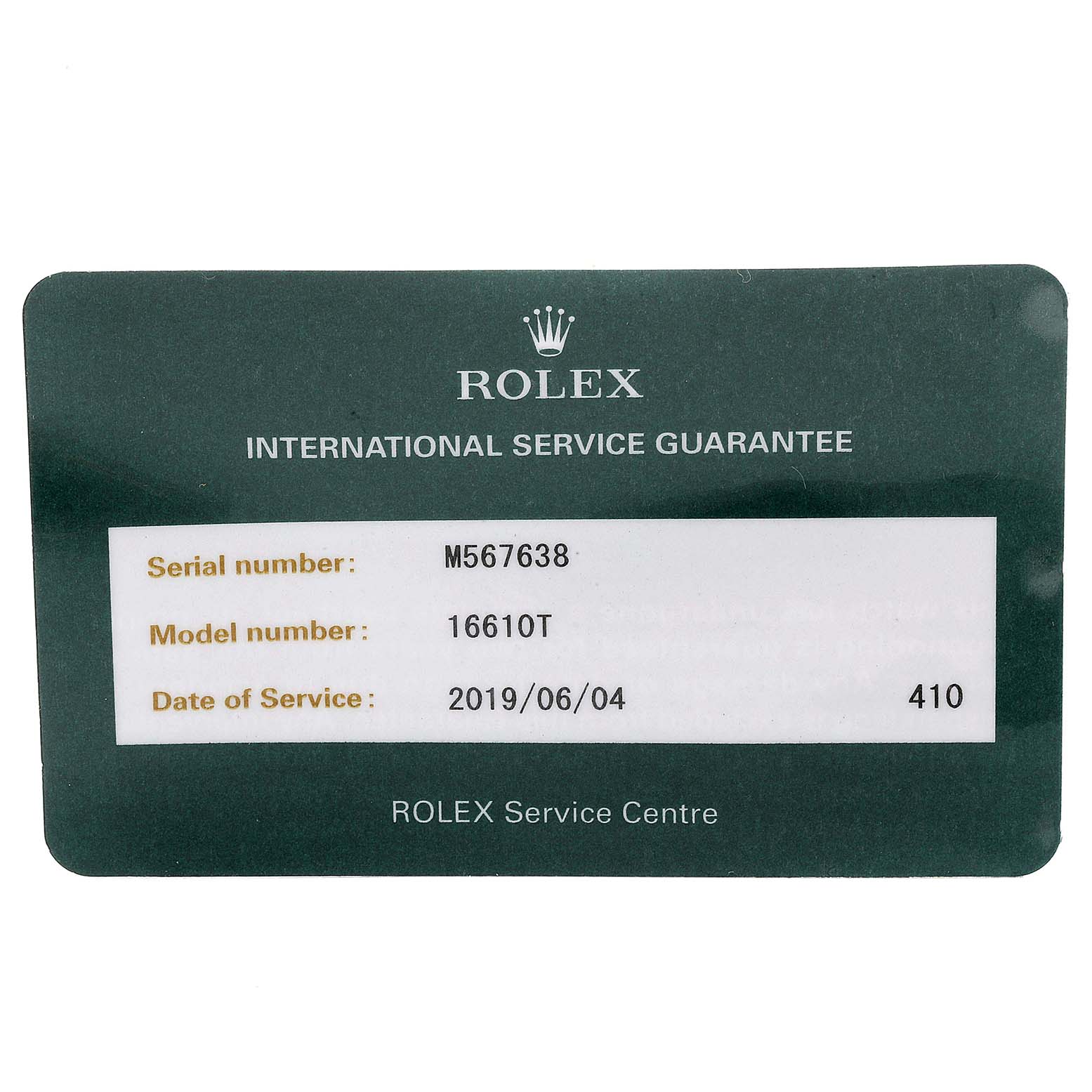 This image shows the international service guarantee card for the Rolex Submariner 16610 Men
s Stainless Steel Black Dial 16610 Men
s Stainless Steel Black Dial model 16610T.