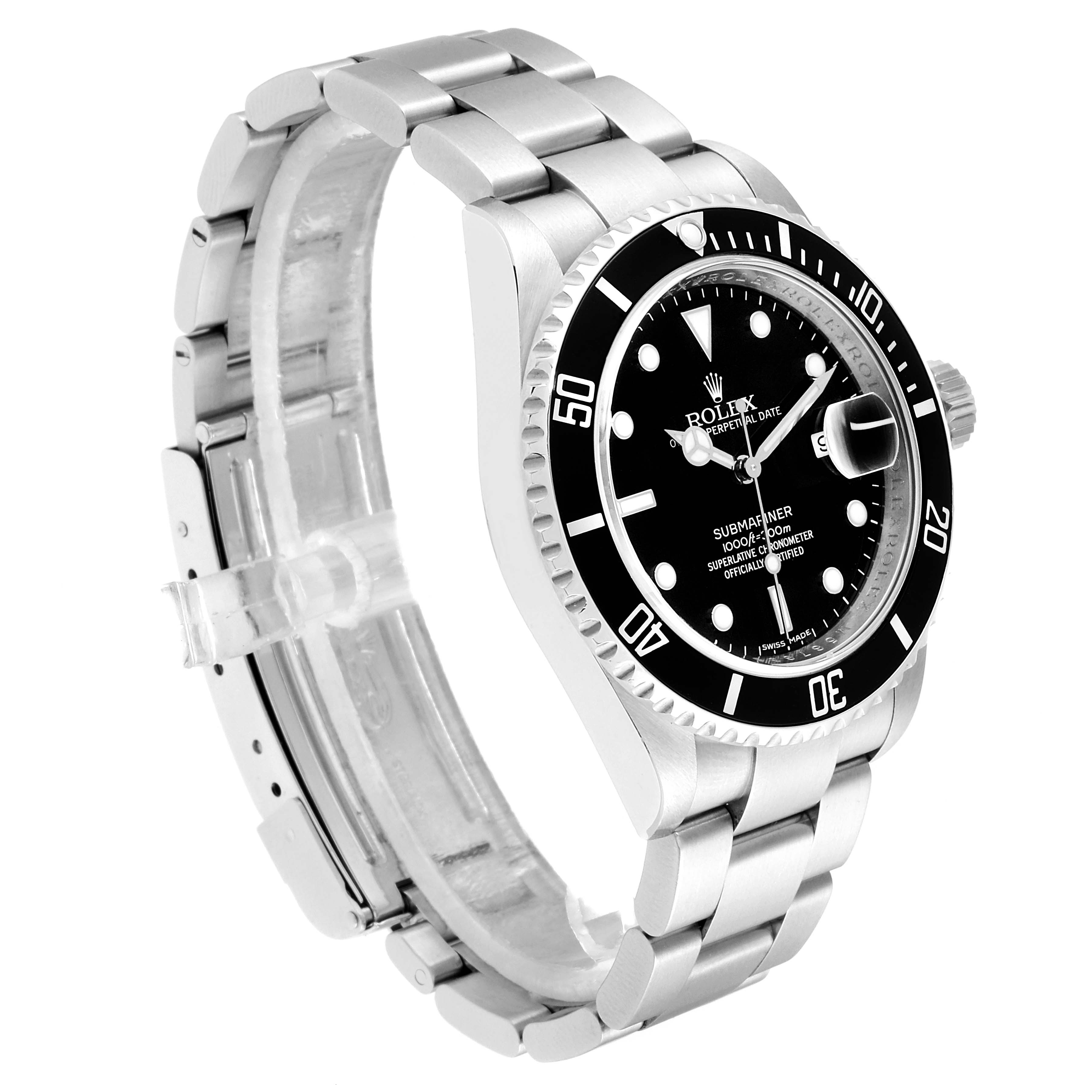 This image shows a Rolex Submariner 16610 Men
s Stainless Steel Black Dial 16610 Men
s Stainless Steel Black Dial watch from an angled side view, featuring its bezel, dial, bracelet, and clasp.