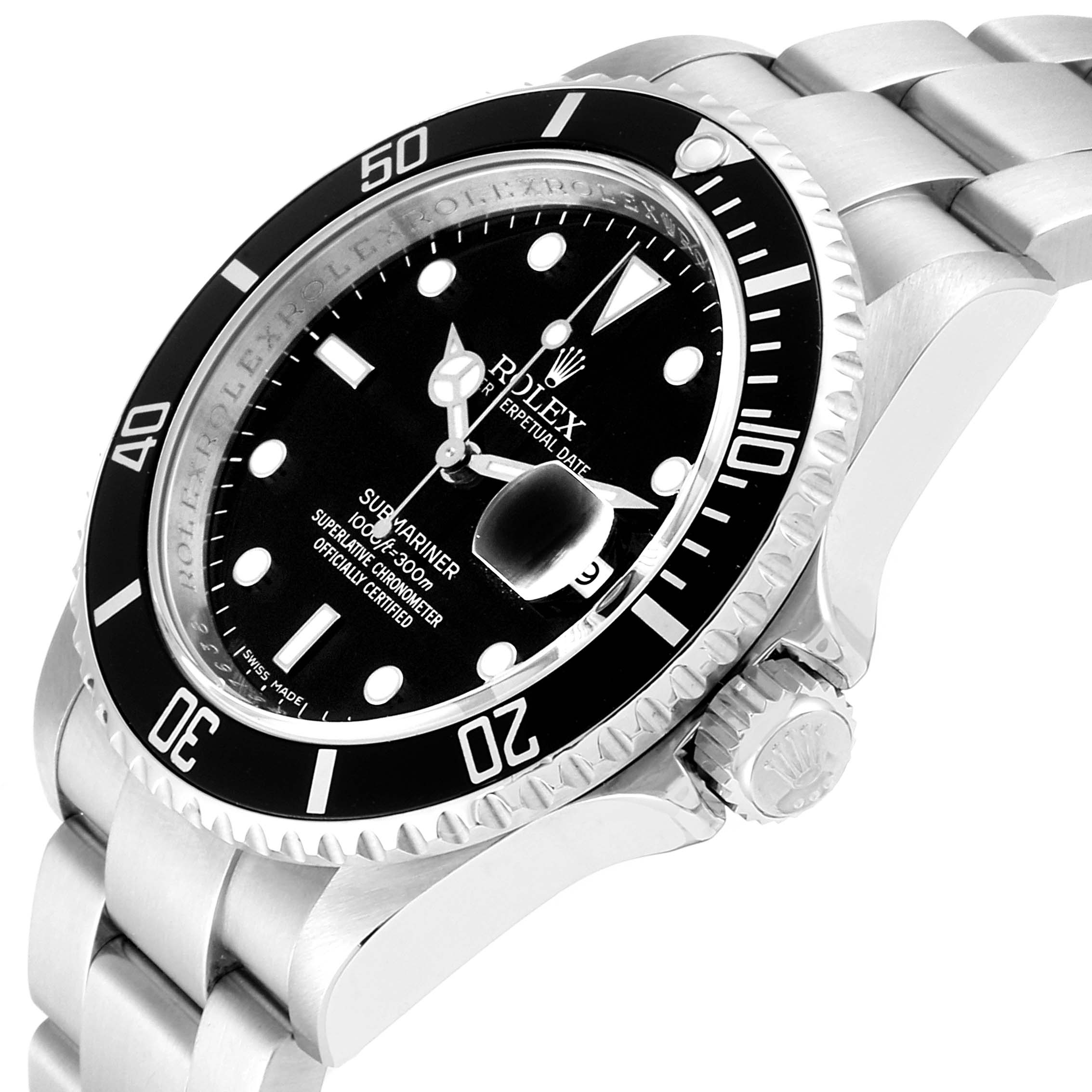 This image shows a Rolex Submariner 16610 Men
s Stainless Steel Black Dial 16610 Men
s Stainless Steel Black Dial watch from a close-up angle, highlighting the dial, bezel, crown, and bracelet.