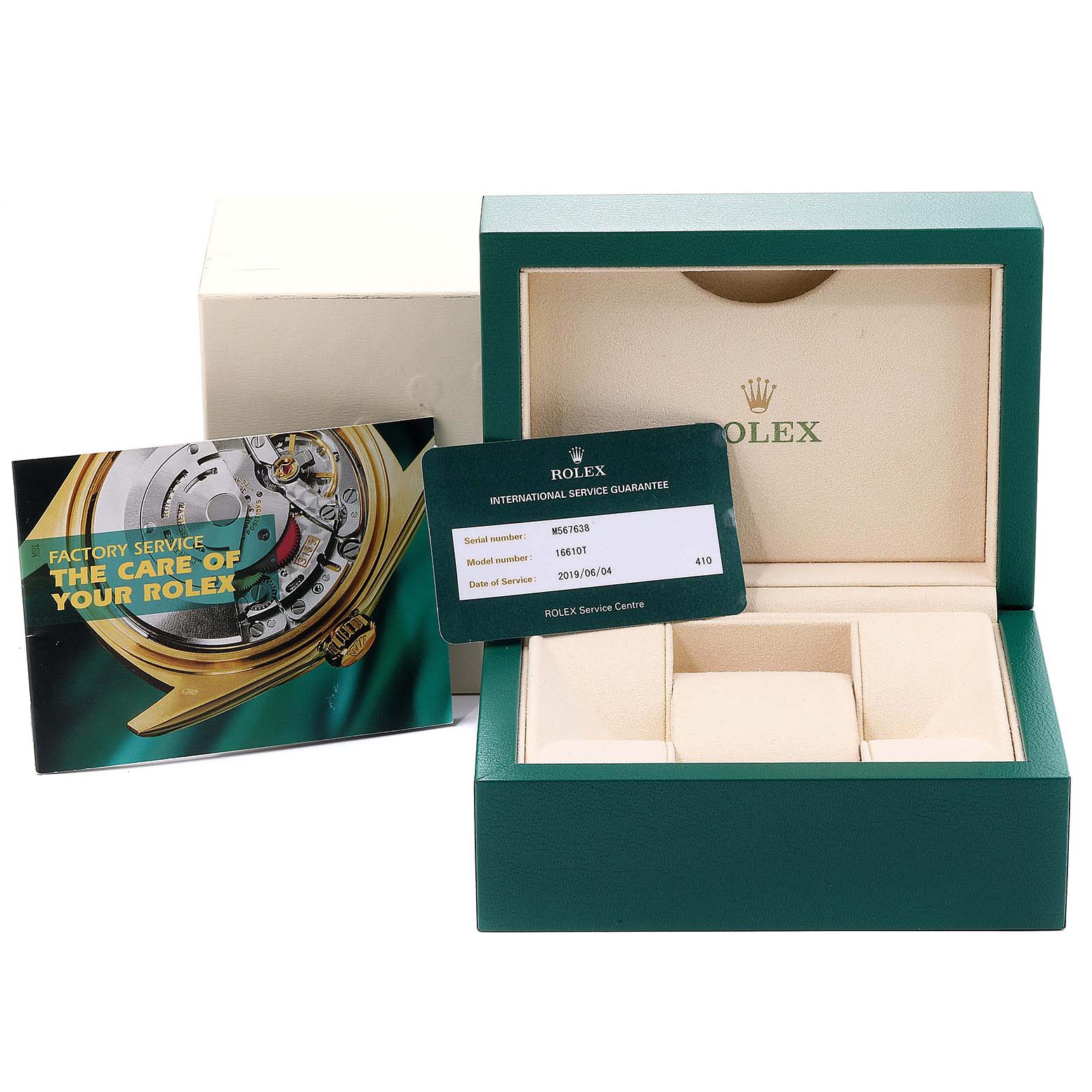 The image shows a Rolex Submariner 16610 Men
s Stainless Steel Black Dial 16610 Men
s Stainless Steel Black Dial model watch box, an international service guarantee card, and a factory service booklet.