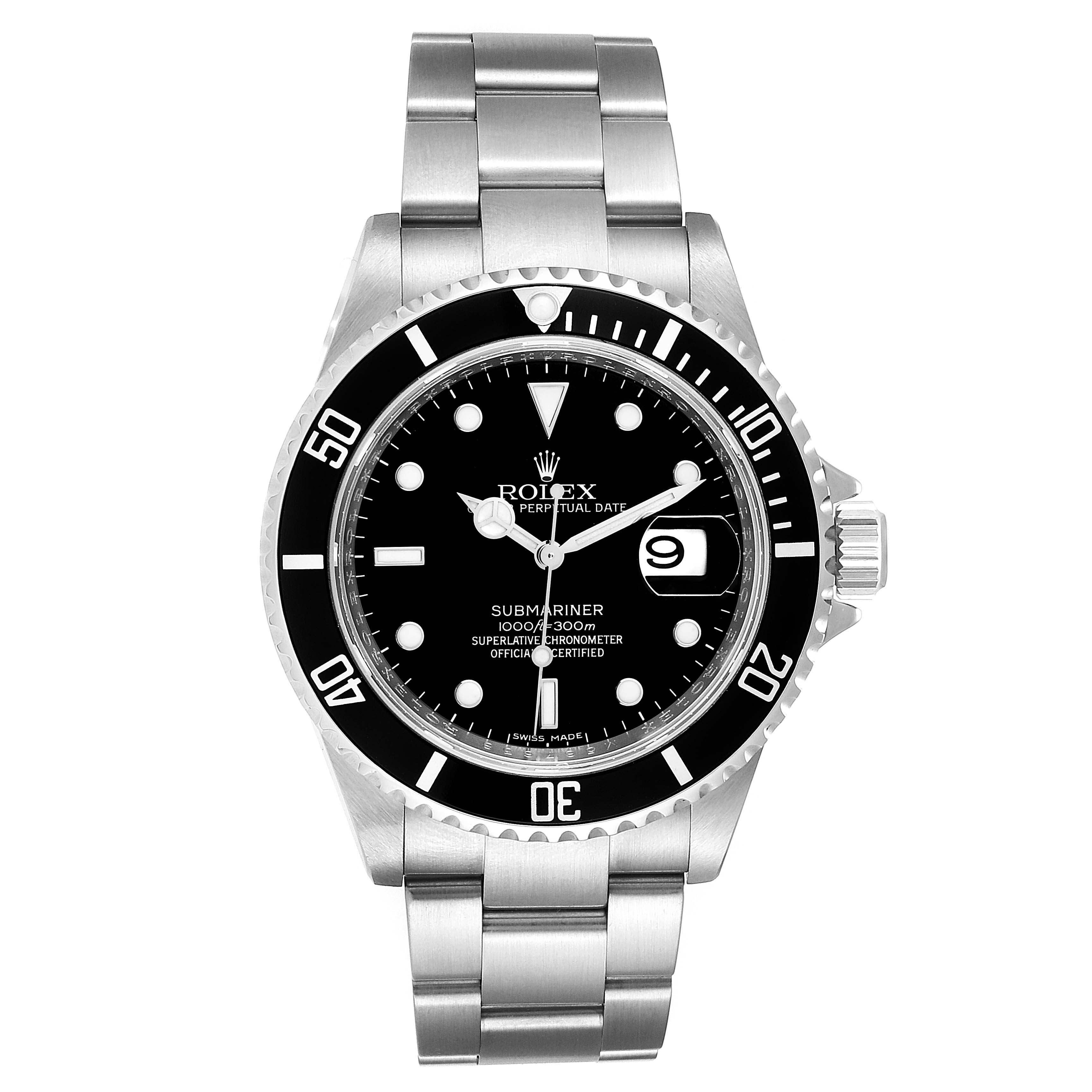 This image shows a front view of the Rolex Submariner 16610 Men
s Stainless Steel Black Dial 16610 Men
s Stainless Steel Black Dial watch featuring its black dial, rotating bezel, and stainless steel bracelet.