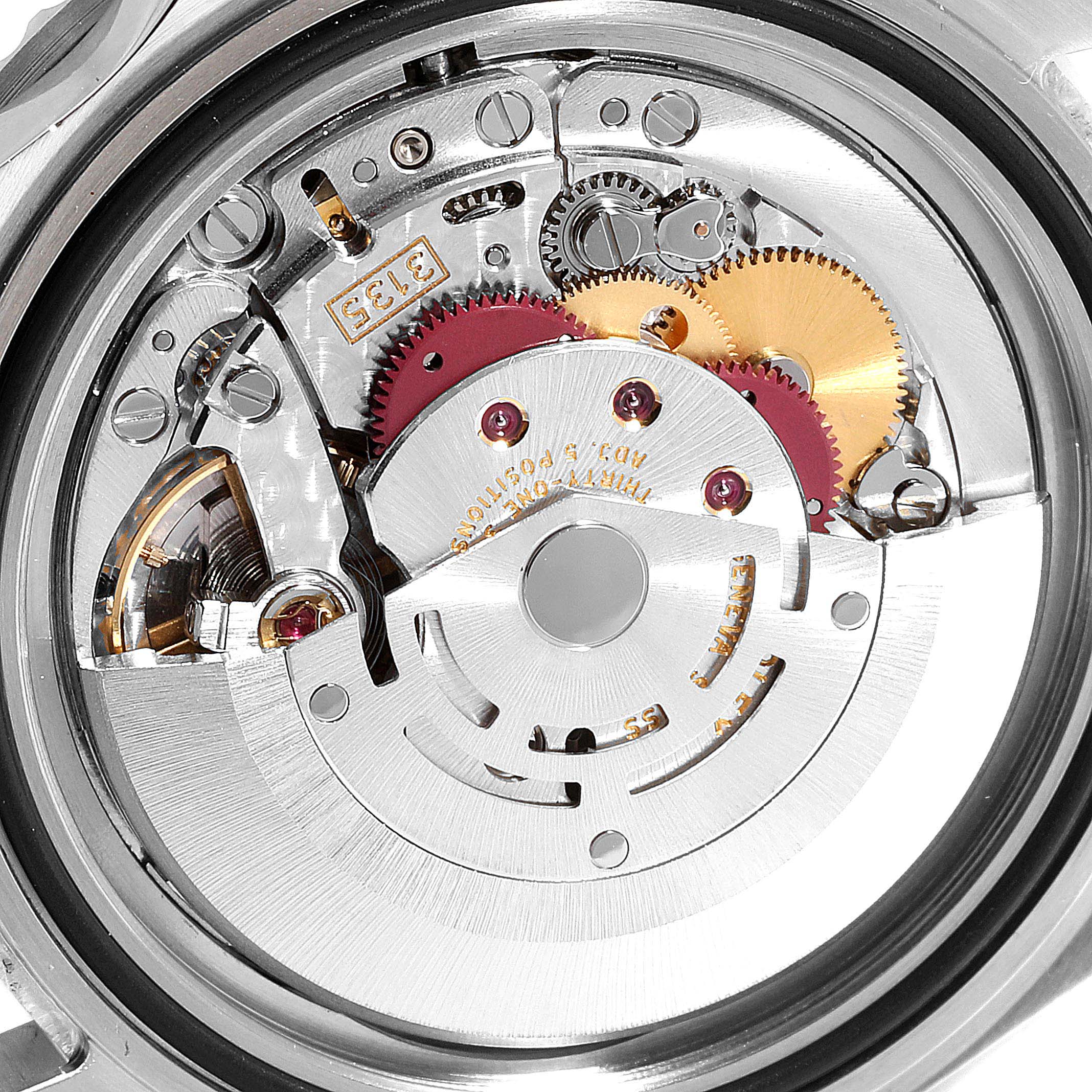 The image shows the movement mechanism of a Rolex Submariner 16610 Men
s Stainless Steel Black Dial 16610 Men
s Stainless Steel Black Dial watch viewed from the back.