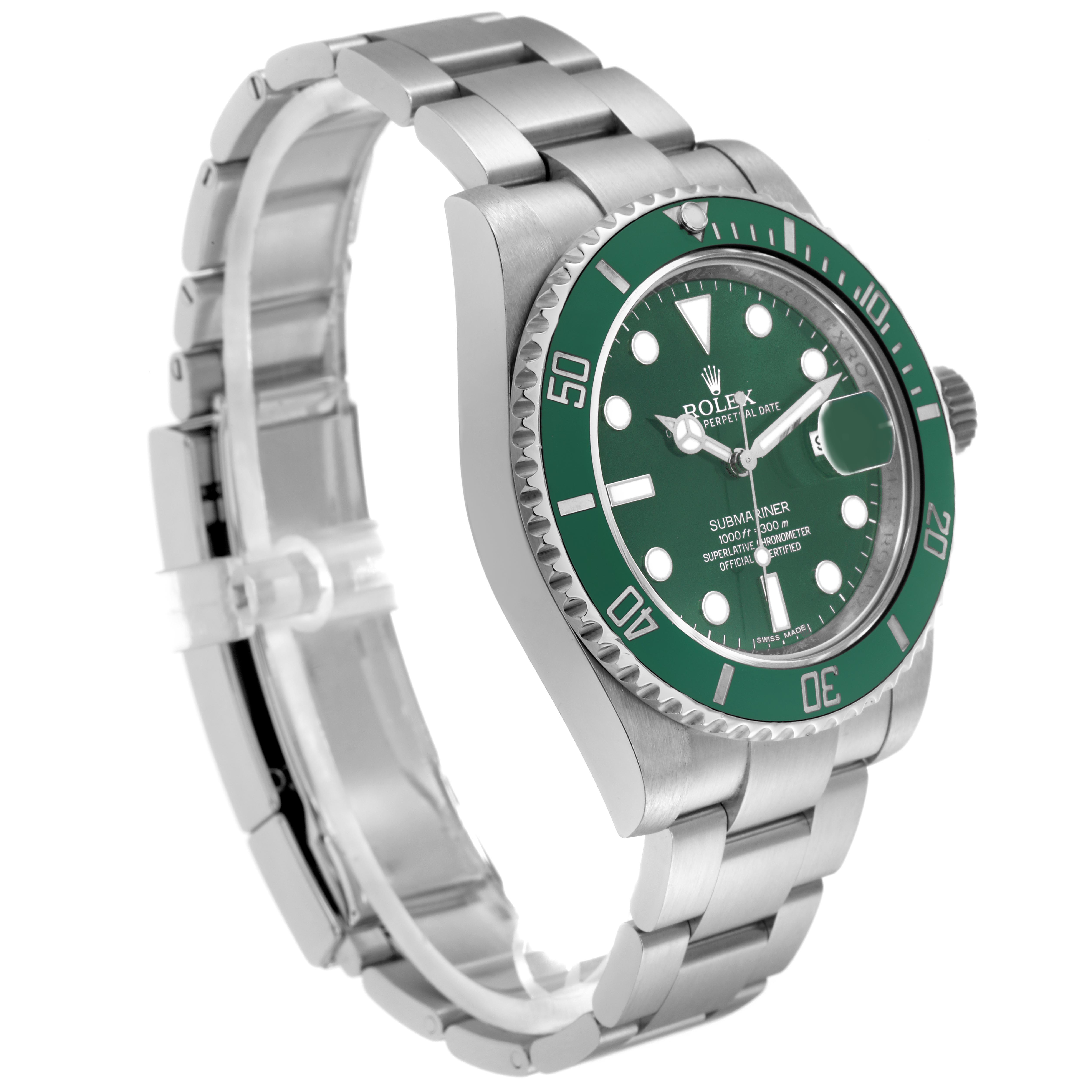 The Rolex Submariner 116610 Men
s Stainless Steel Green Dial 116610 Men
s Stainless Steel Green Dial is shown at a three-quarter angle, highlighting the green bezel, dial, and stainless steel bracelet.