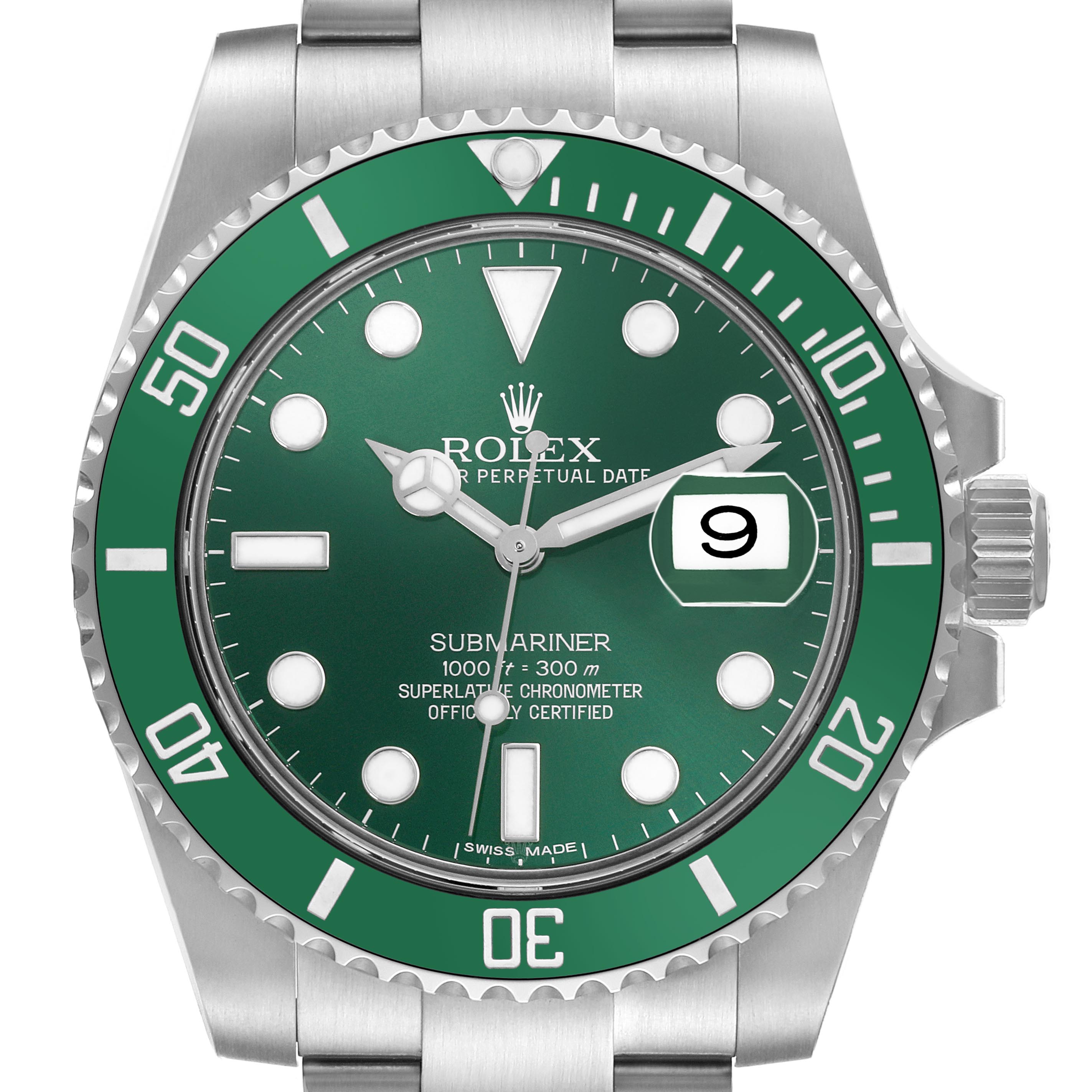 The image shows a Rolex Submariner 116610 Men
s Stainless Steel Green Dial 116610 Men
s Stainless Steel Green Dial watch face, bezel, hands, and crown from a front angle.