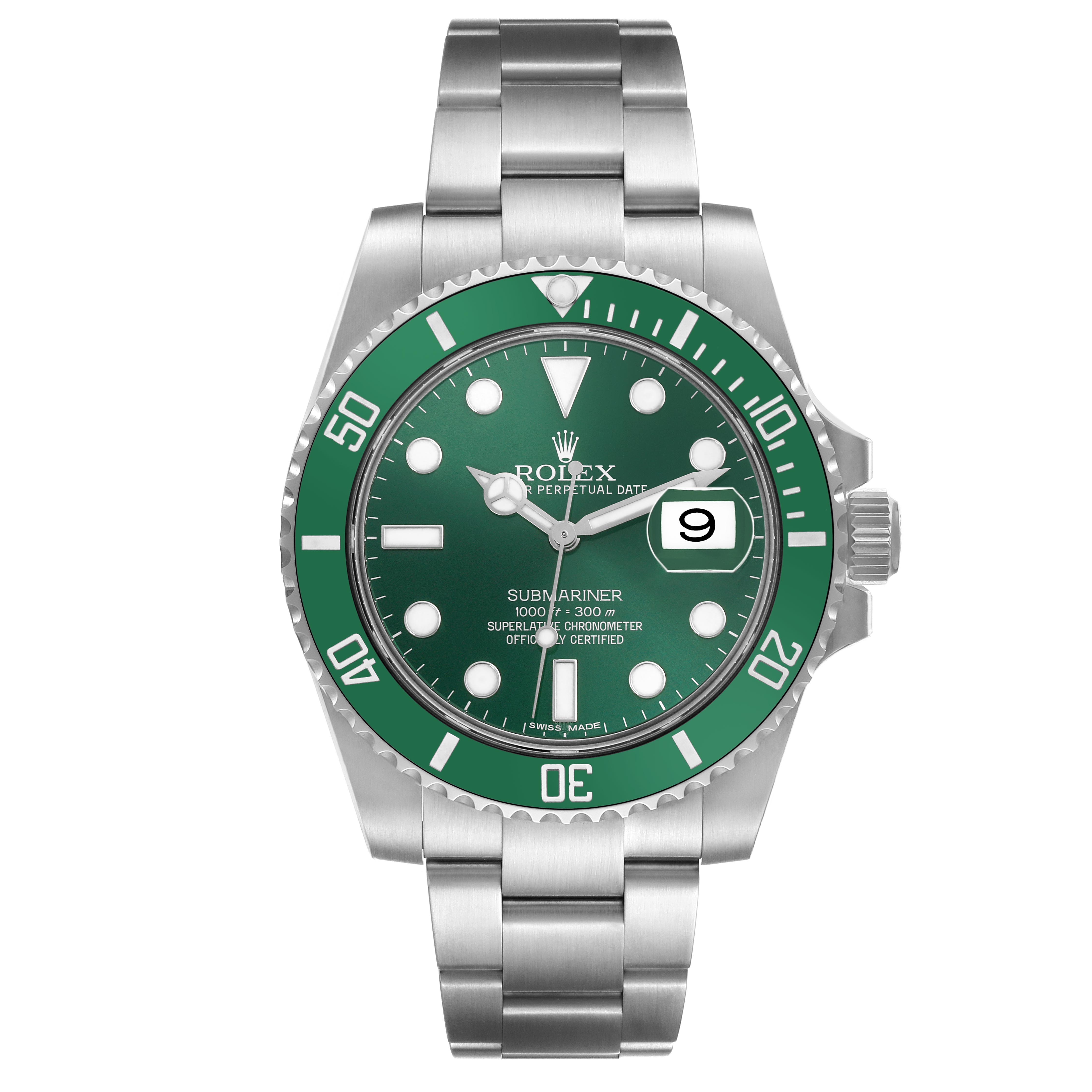 The Rolex Submariner 116610 Men
s Stainless Steel Green Dial 116610 Men
s Stainless Steel Green Dial watch is shown from the front, highlighting the green dial, bezel, bracelet, and date window.