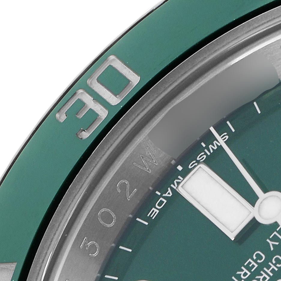 The image shows a close-up of the bezel and part of the dial of a Rolex Submariner 116610 Men
s Stainless Steel Green Dial 116610 Men
s Stainless Steel Green Dial, highlighting the "30" marker.