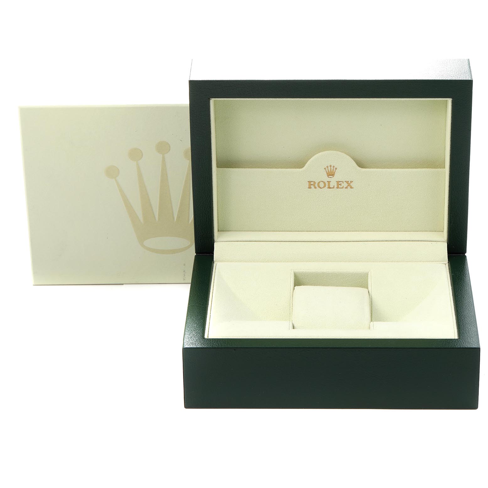 The image shows an open Rolex Submariner 116610 Men
s Stainless Steel Green Dial 116610 Men
s Stainless Steel Green Dial watch box from a front angle, displaying its padded interior and the Rolex logo.