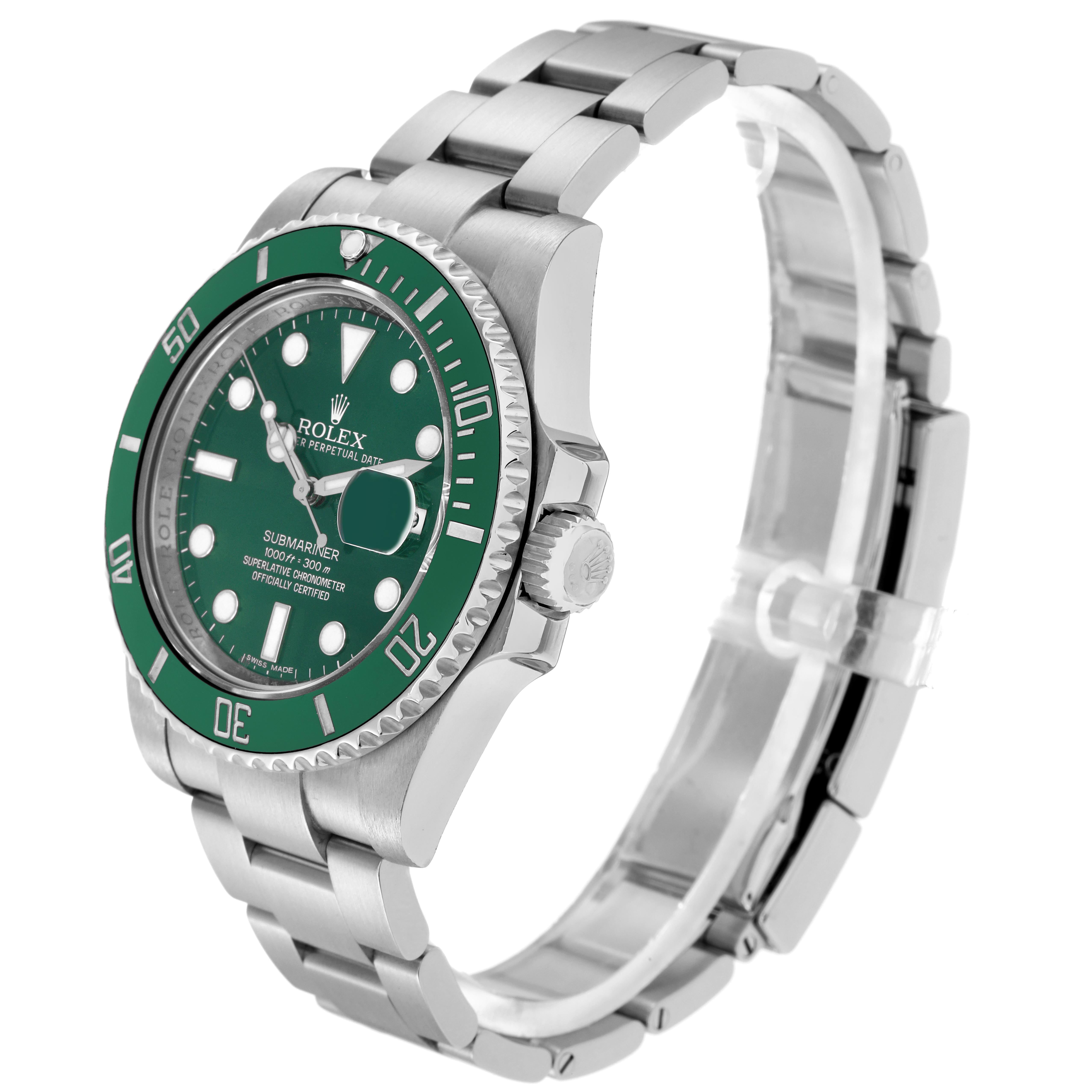 The Rolex Submariner 116610 Men
s Stainless Steel Green Dial 116610 Men
s Stainless Steel Green Dial watch is shown at a three-quarter angle, highlighting the green bezel, dial, crown, and bracelet.