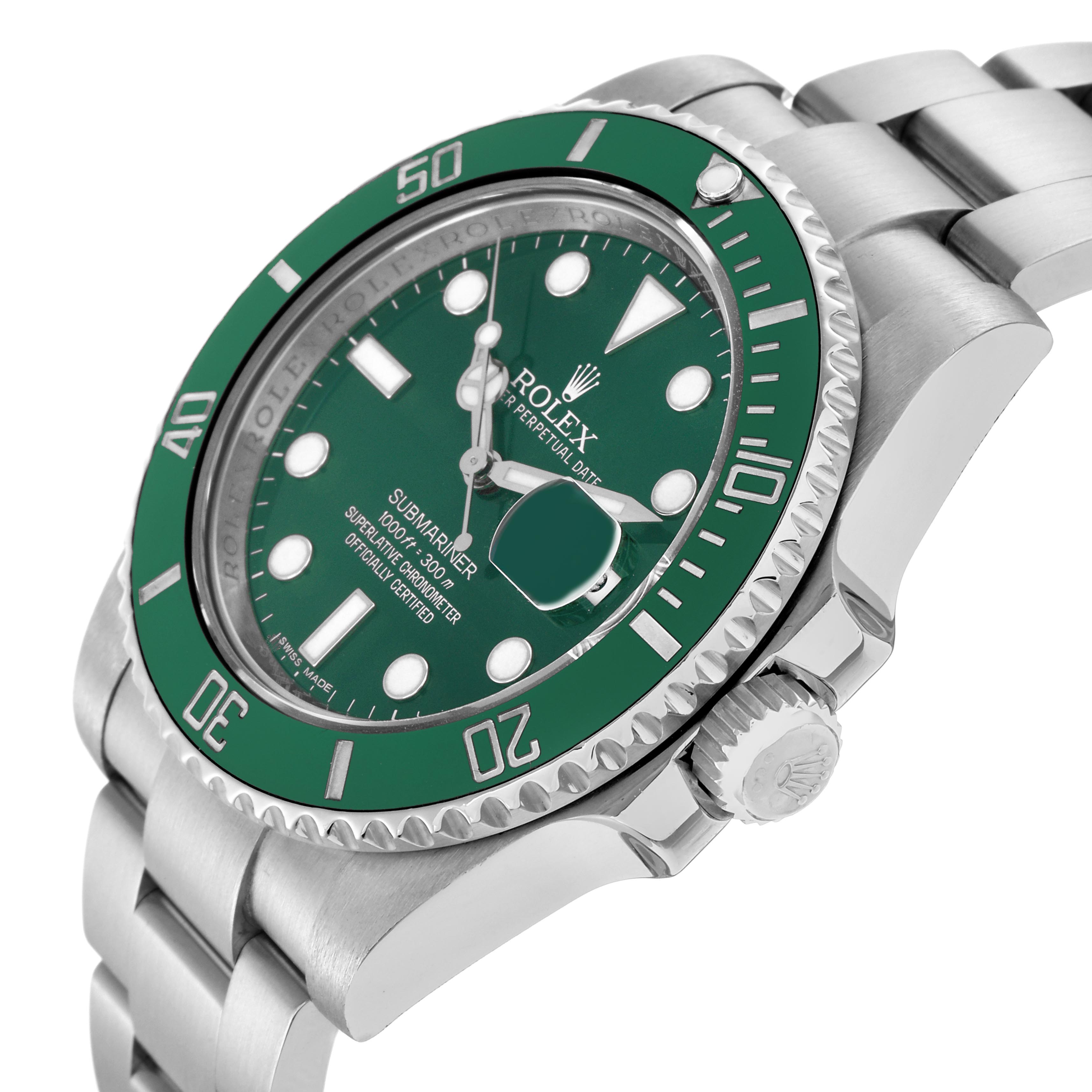 The Rolex Submariner 116610 Men
s Stainless Steel Green Dial 116610 Men
s Stainless Steel Green Dial is shown at an angled side view, highlighting the green bezel, dial, and crown.