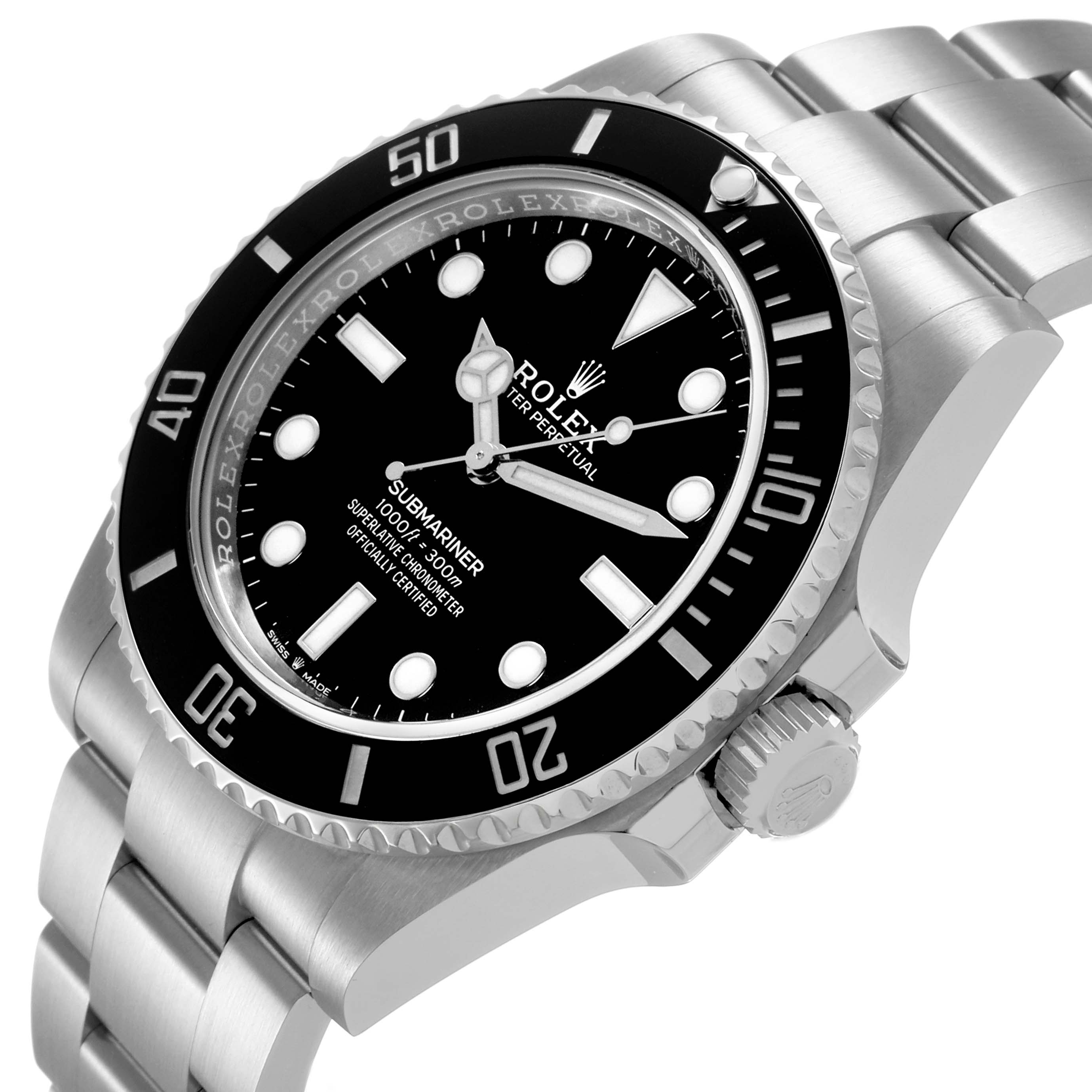 The Rolex Submariner 124060 Men's Stainless Steel Black Dial watch is shown at an angle displaying its bezel, crown, and bracelet.