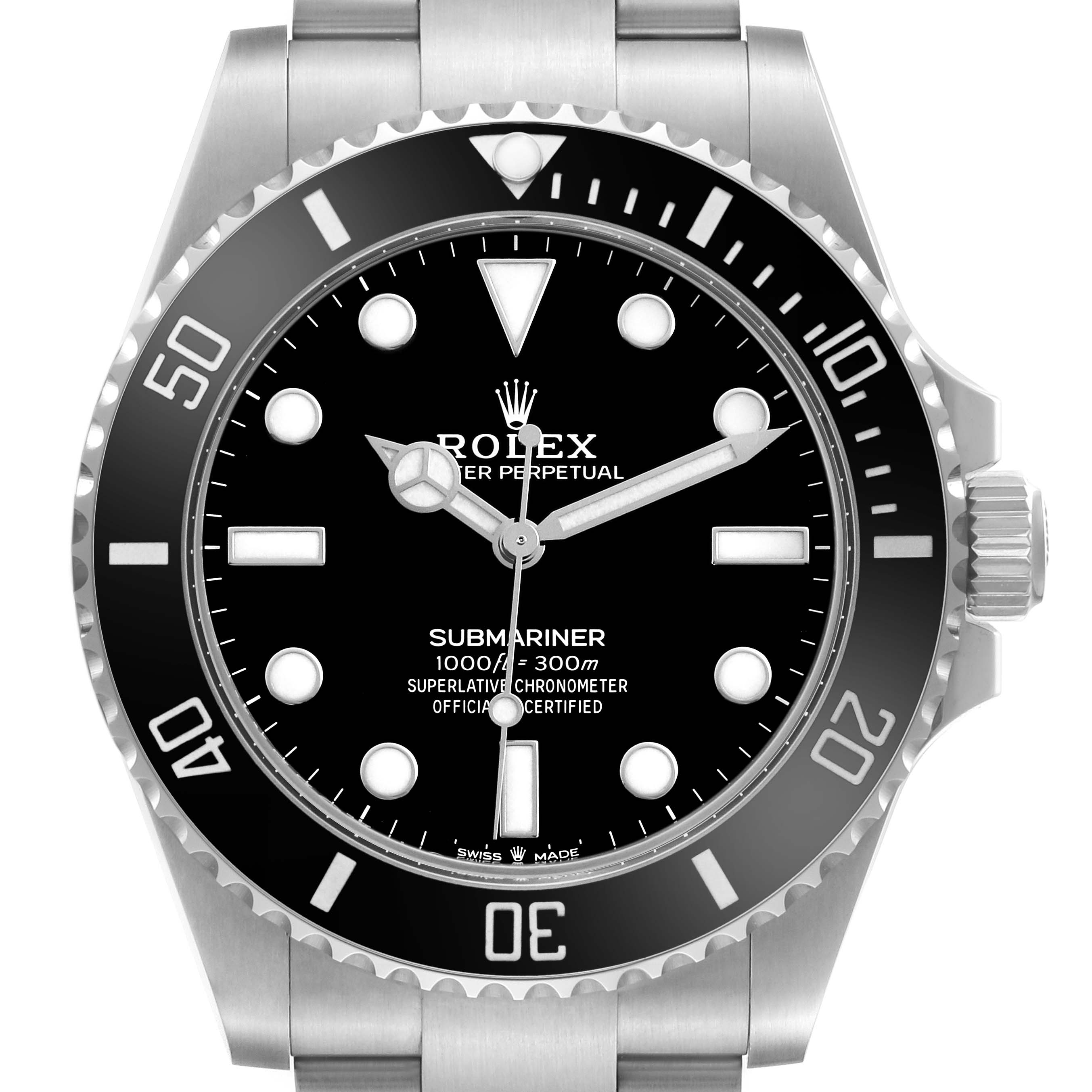 The image shows a front view of a Rolex Submariner 124060 Men's Stainless Steel Black Dial, highlighting the dial, bezel, and crown.