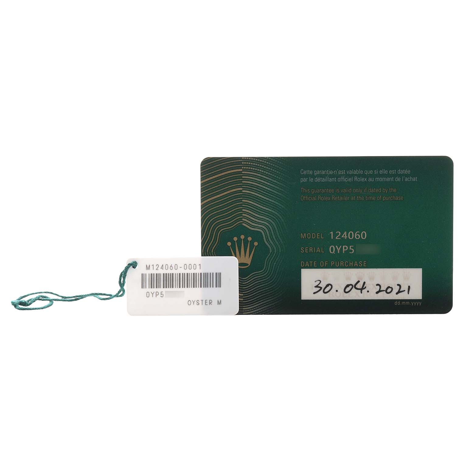The image shows a warranty card and tag for a Rolex Submariner 124060 Men's Stainless Steel Black Dial model, displaying the model and serial numbers.