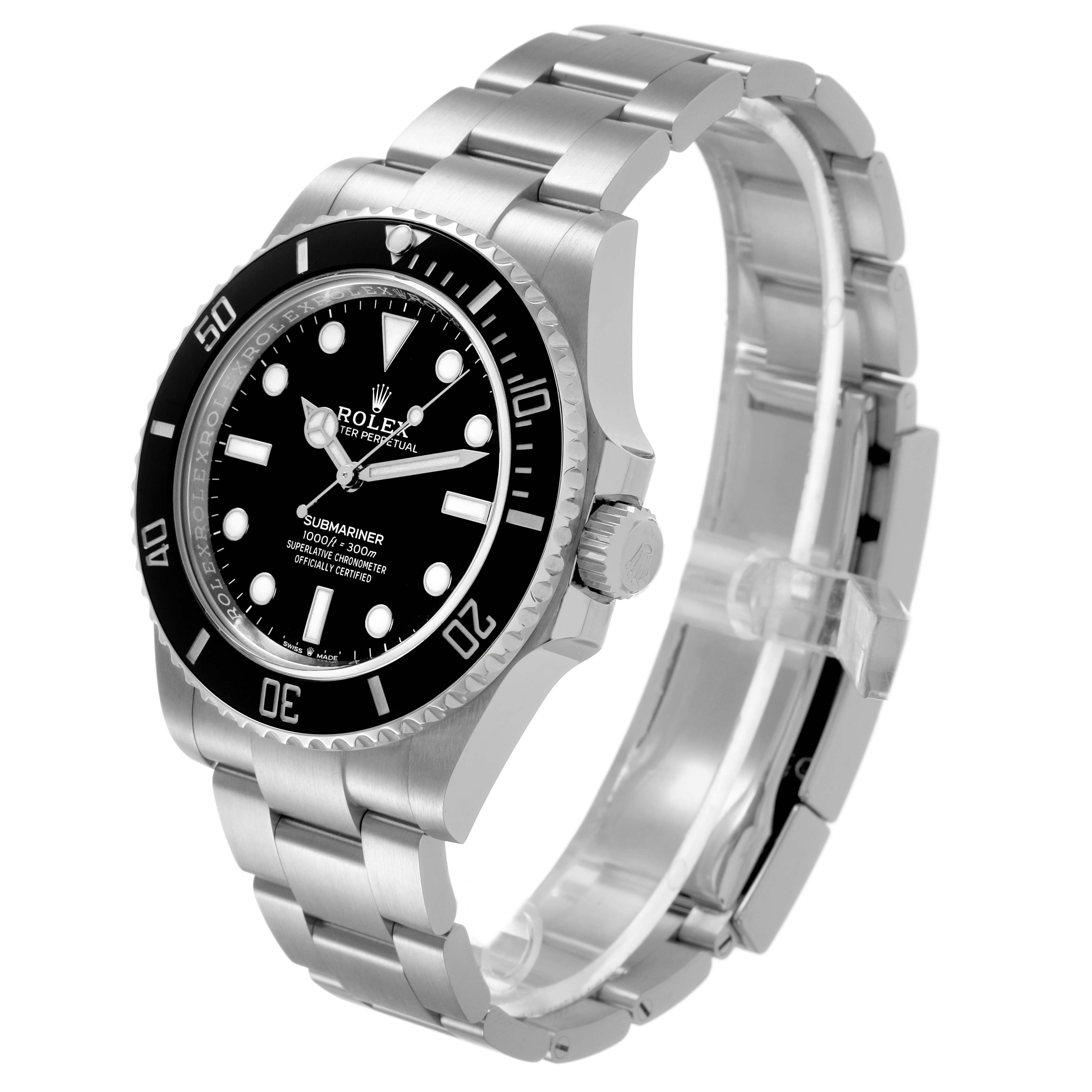 The image shows a Rolex Submariner 124060 Men's Stainless Steel Black Dial watch at a three-quarter angle, highlighting the dial, bezel, crown, and bracelet.