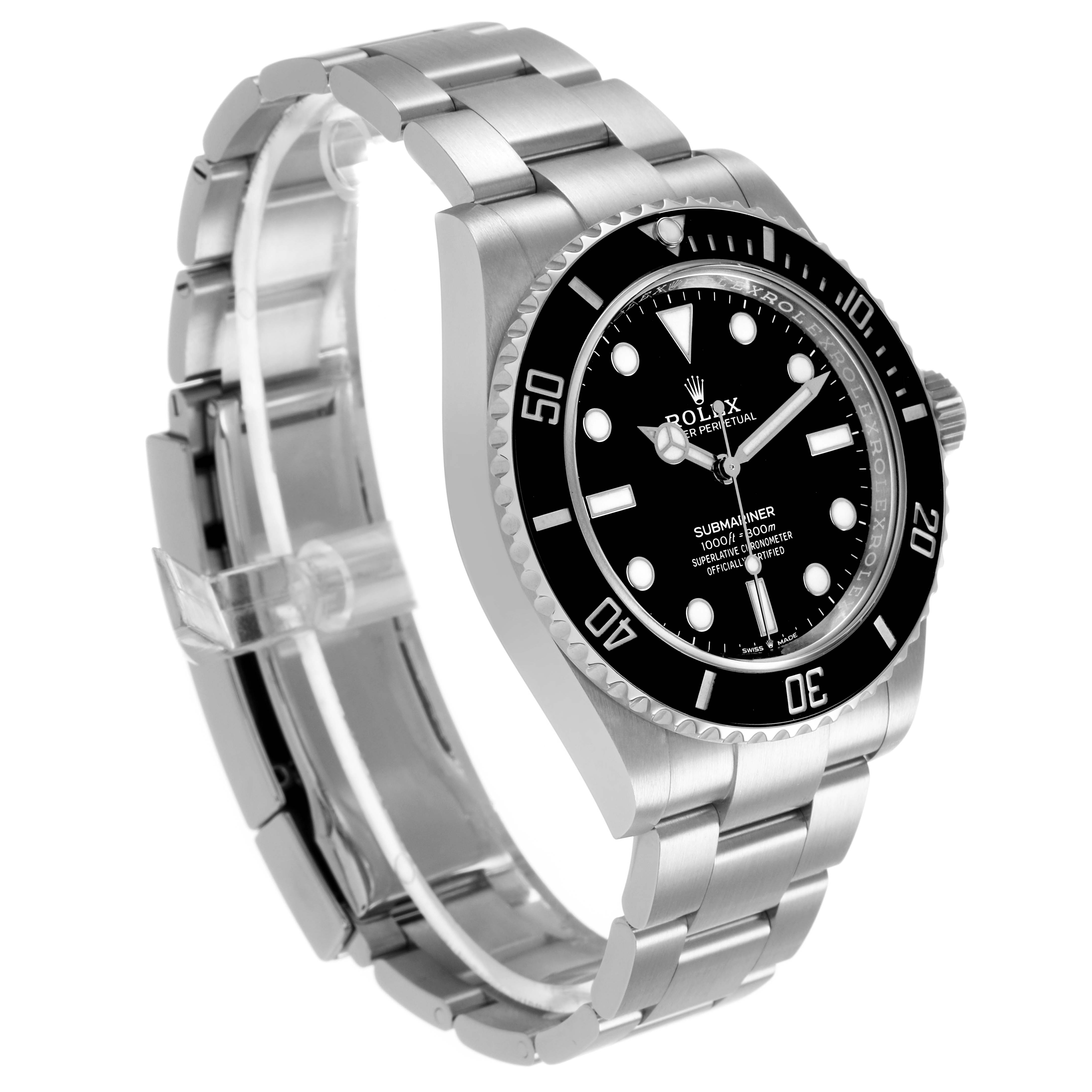 The Rolex Submariner 124060 Men's Stainless Steel Black Dial watch is shown from a three-quarter angle, highlighting the face, bezel, and stainless steel bracelet.