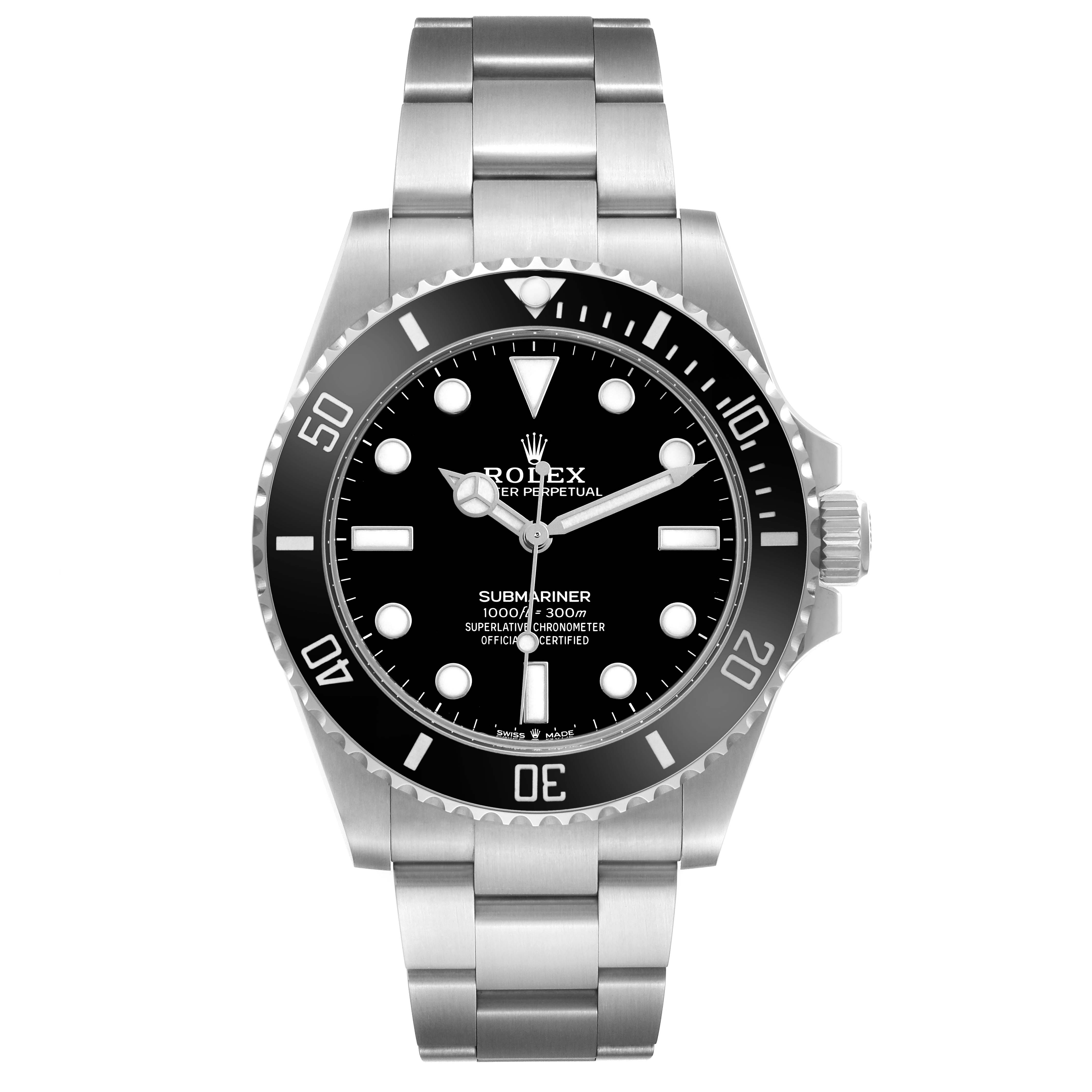The Rolex Submariner 124060 Men's Stainless Steel Black Dial is shown from a frontal angle, displaying the bezel, dial, bracelet, and crown.