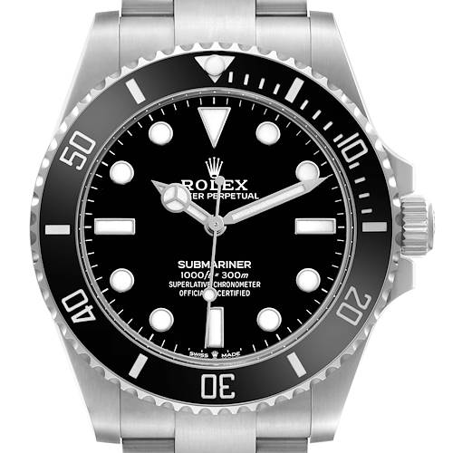 The Rolex Submariner 124060 Mens Stainless Steel Black Dial watch is shown from a front angle, highlighting the bezel, dial, and crown.