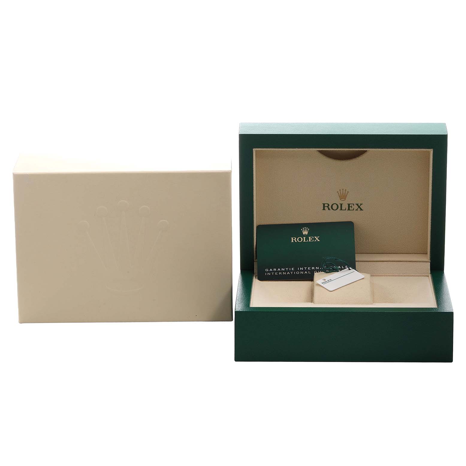 The image shows a Rolex Submariner 124060 Men's Stainless Steel Black Dial watch box set with an open green box, cardholder, and warranty card.