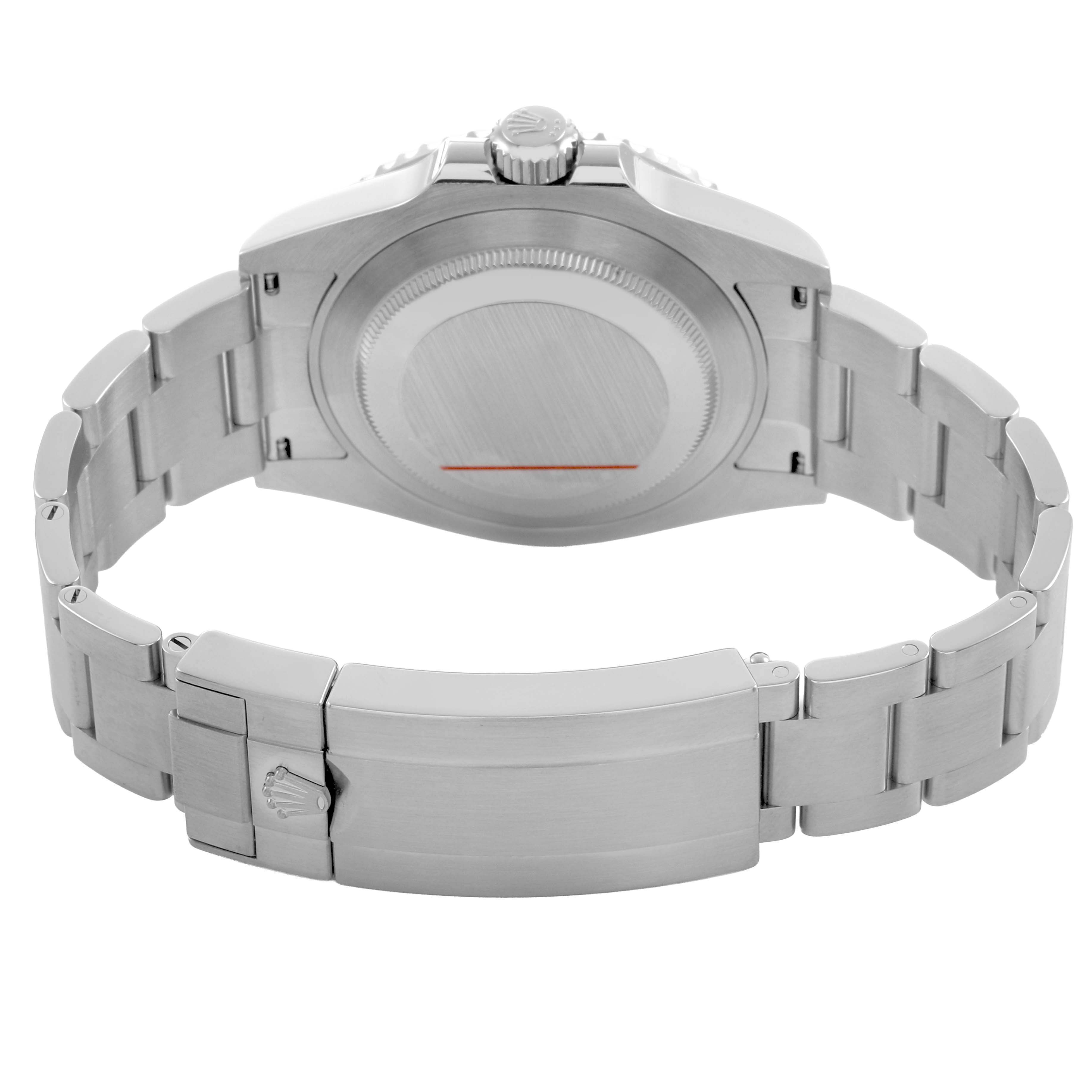 The image shows the back and clasp of a Rolex Submariner 124060 Men's Stainless Steel Black Dial watch, displaying the stainless steel bracelet and case back.