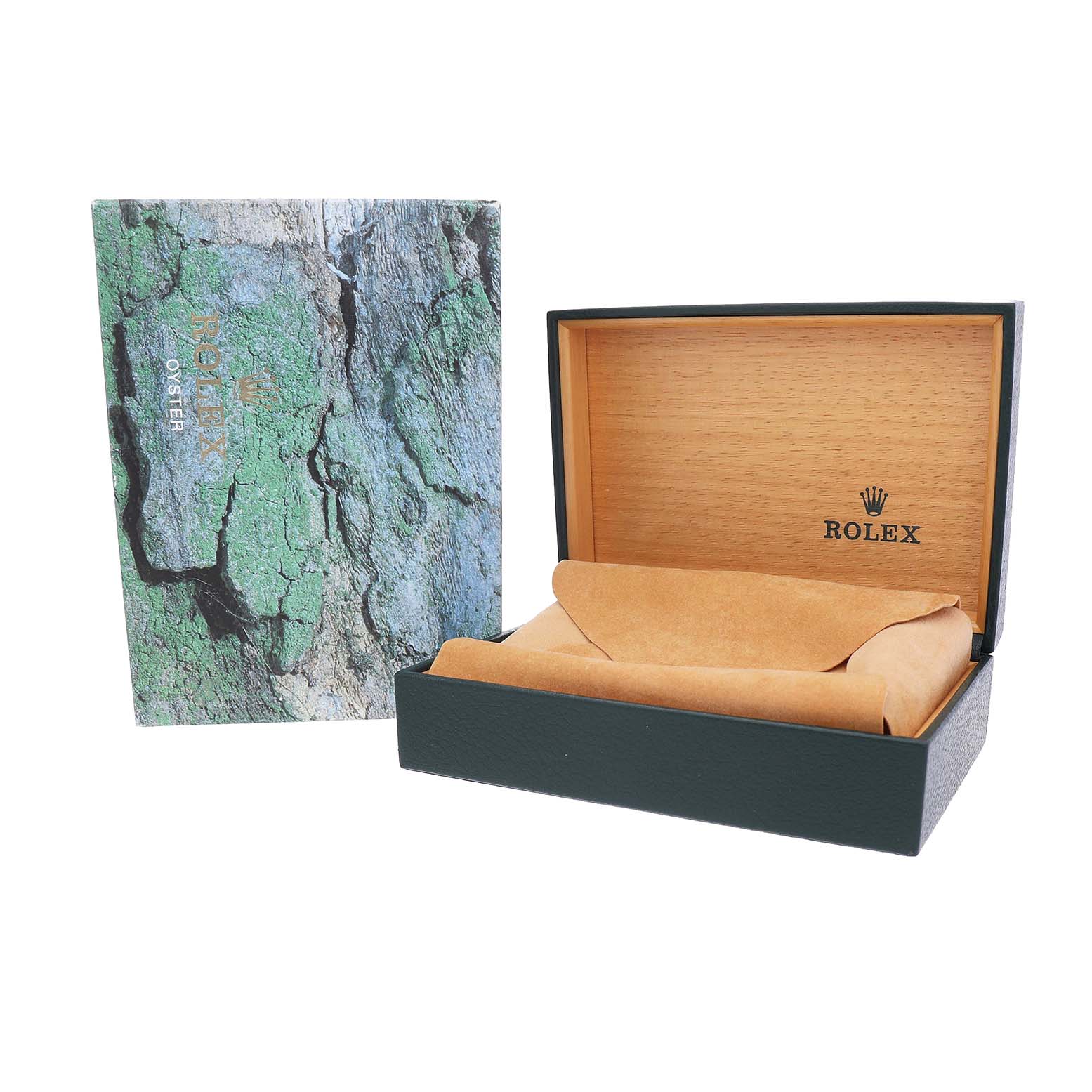 The image shows a Rolex Submariner 14060M Mens Stainless Steel Black Dial watch box set, including an opened wooden box and an outer box with a textured pattern.