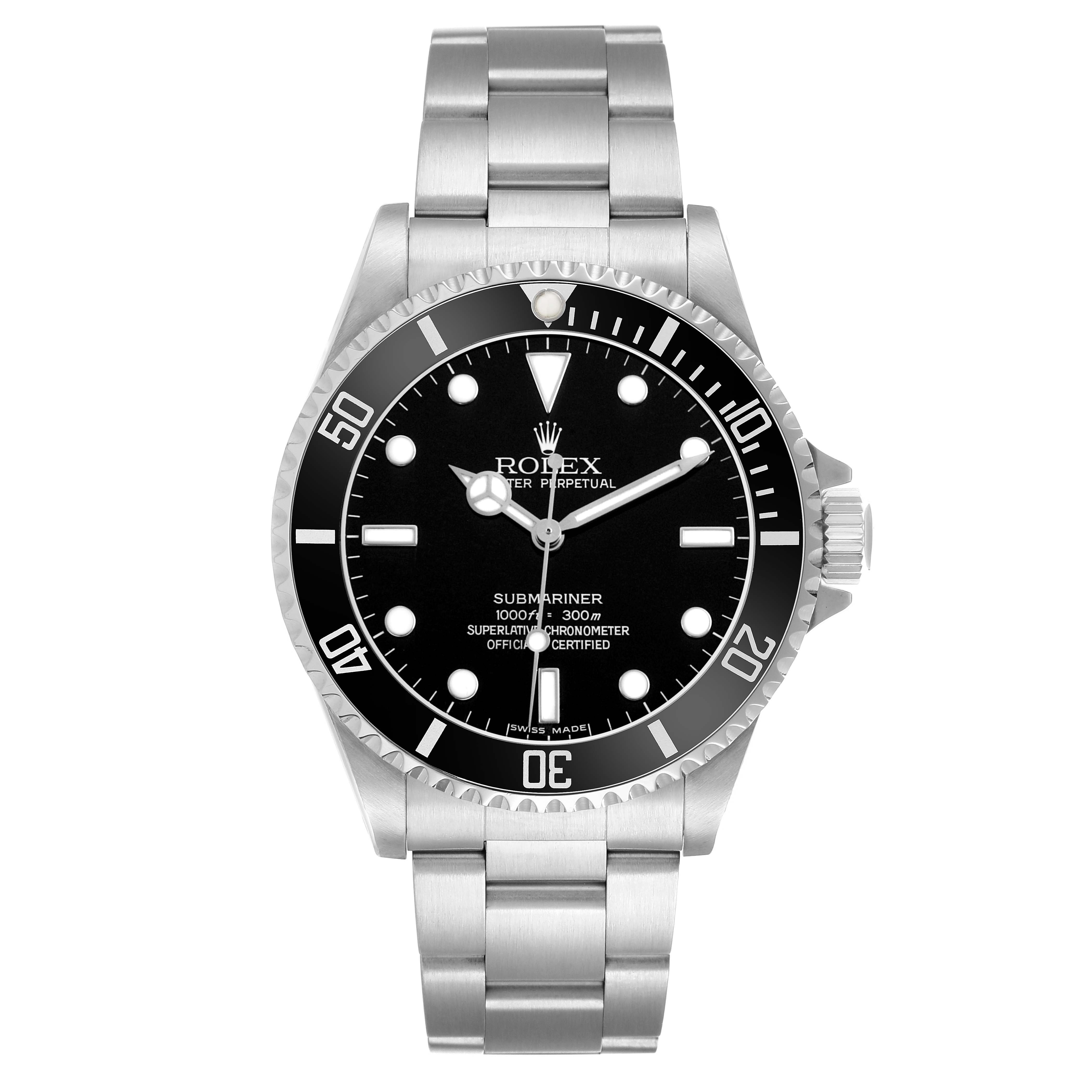 The Rolex Submariner 14060M Mens Stainless Steel Black Dial is shown from the front, featuring its black dial, bezel, and metal bracelet.