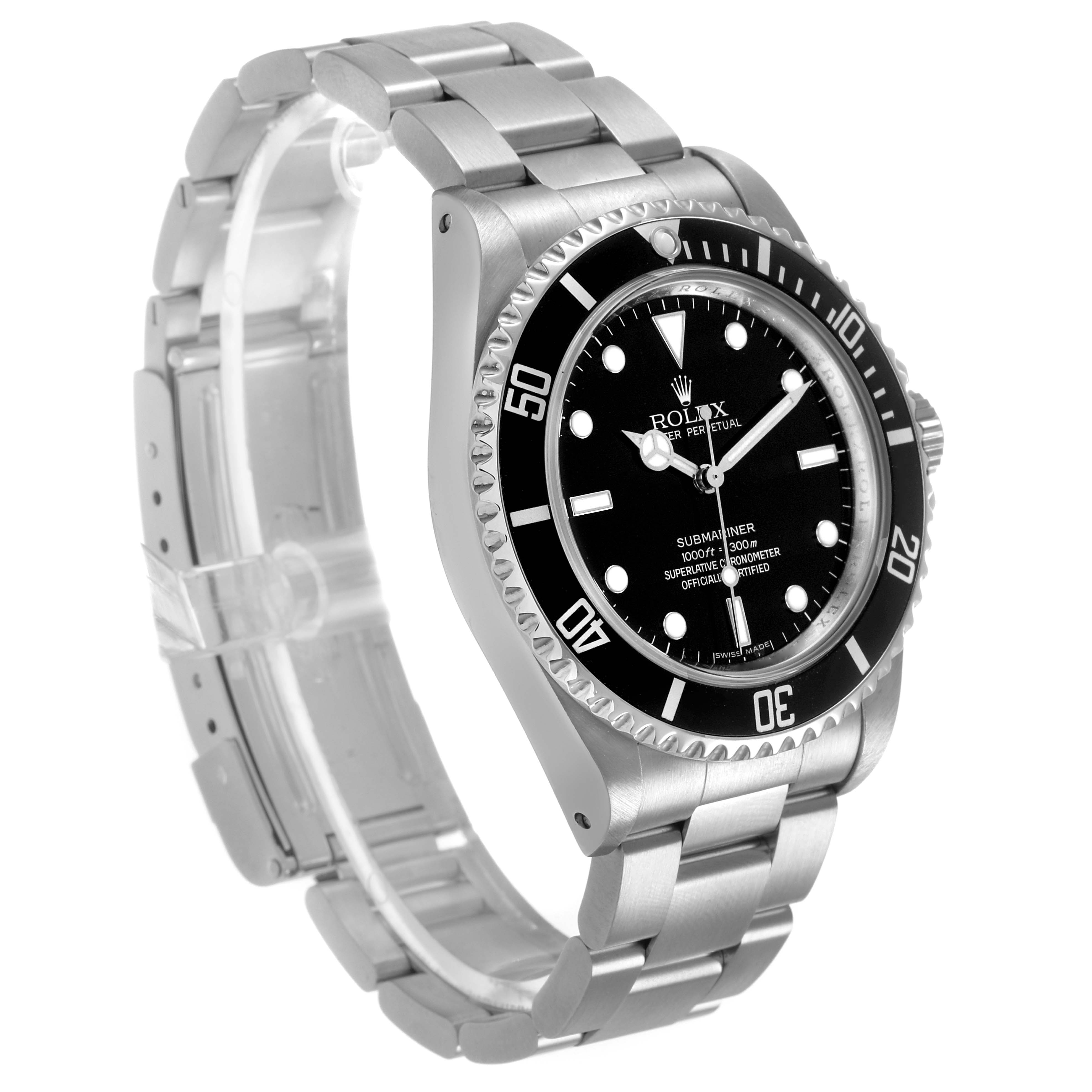 The Rolex Submariner 14060M Mens Stainless Steel Black Dial watch is shown at a three-quarter angle, highlighting the face, bezel, and bracelet.