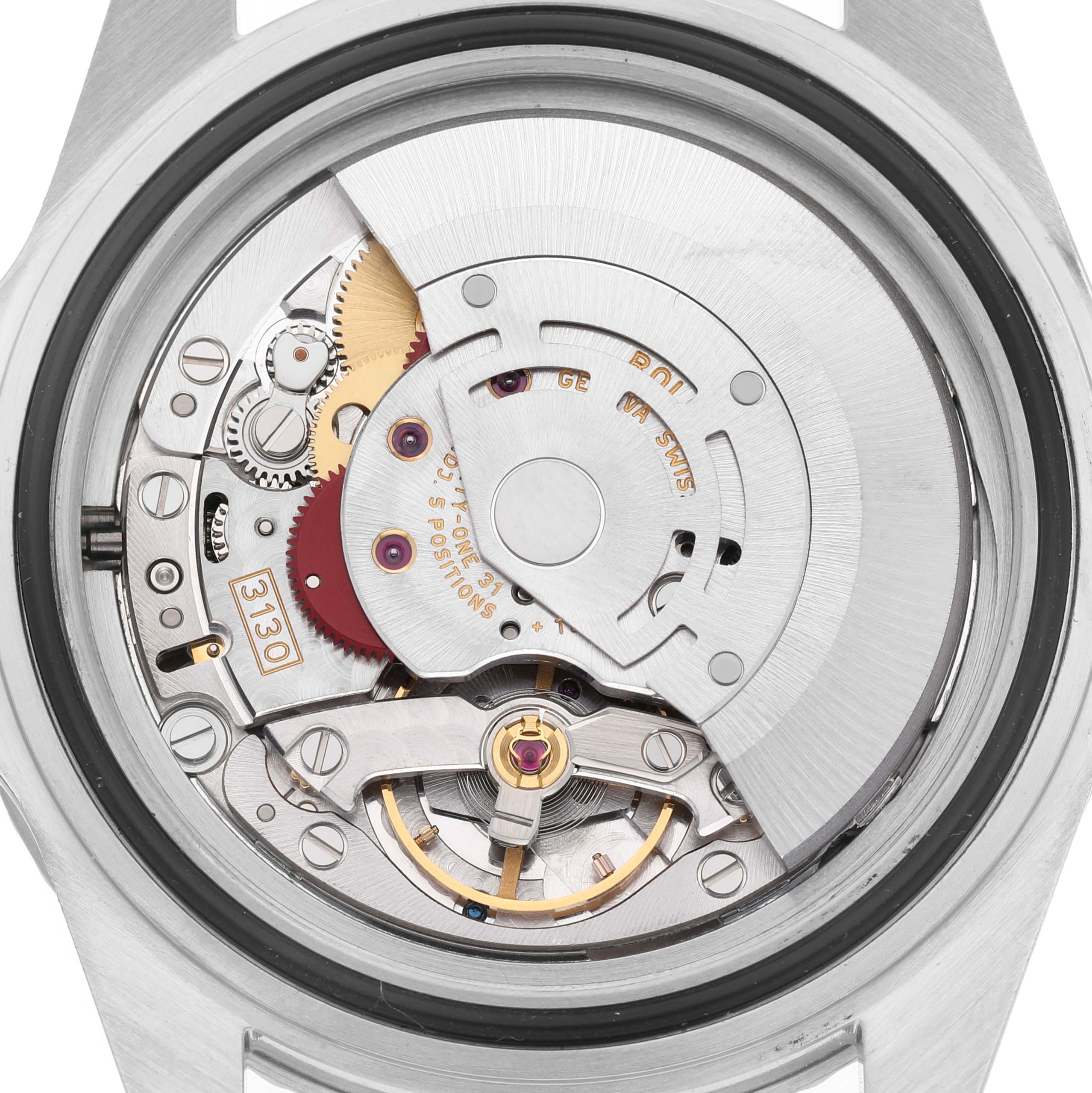 The image shows the back view of a Rolex Submariner 14060M Mens Stainless Steel Black Dial, highlighting the intricate details of its movement and rotor.