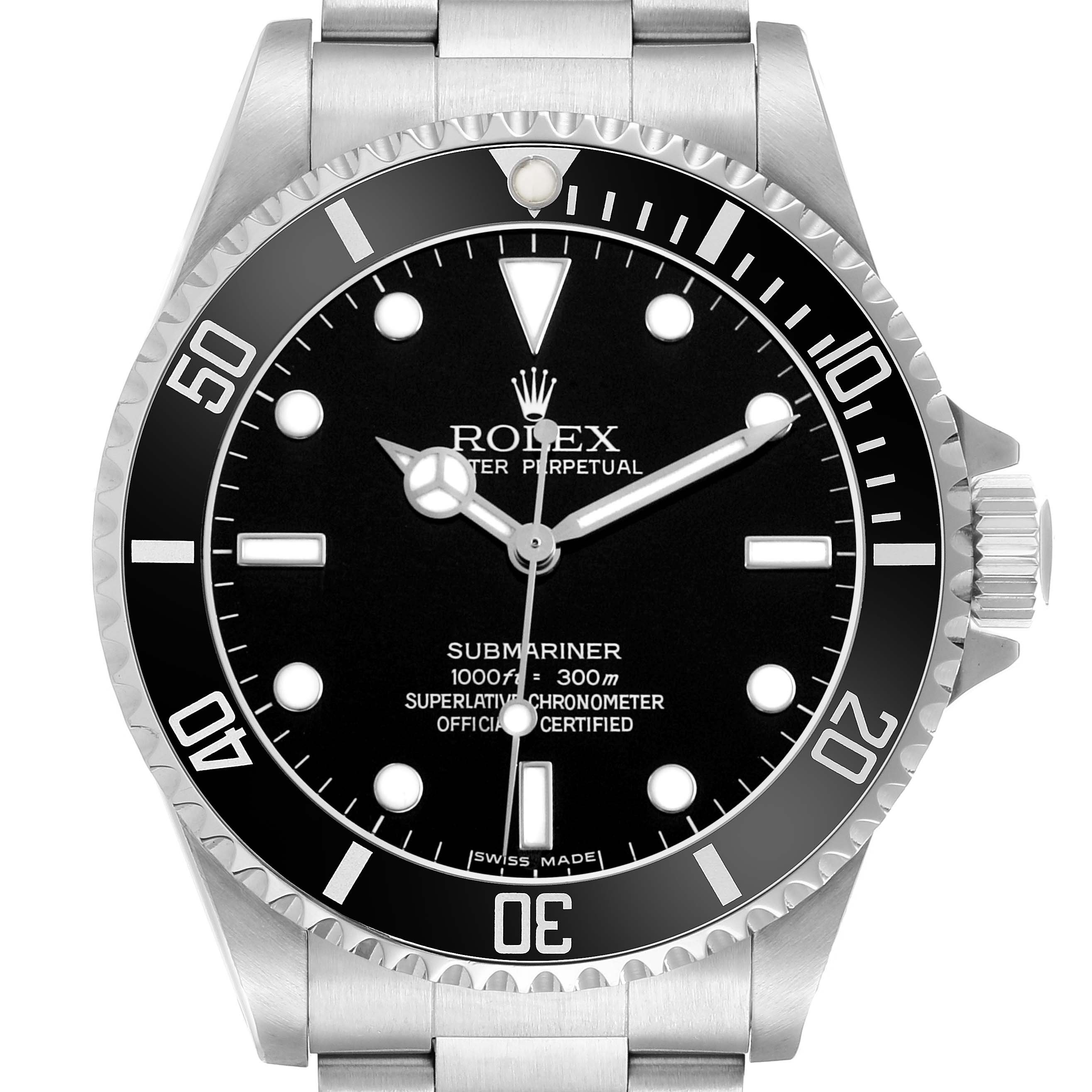 The image shows a frontal view of the Rolex Submariner 14060M Mens Stainless Steel Black Dial watch, highlighting the dial, bezel, and bracelet.