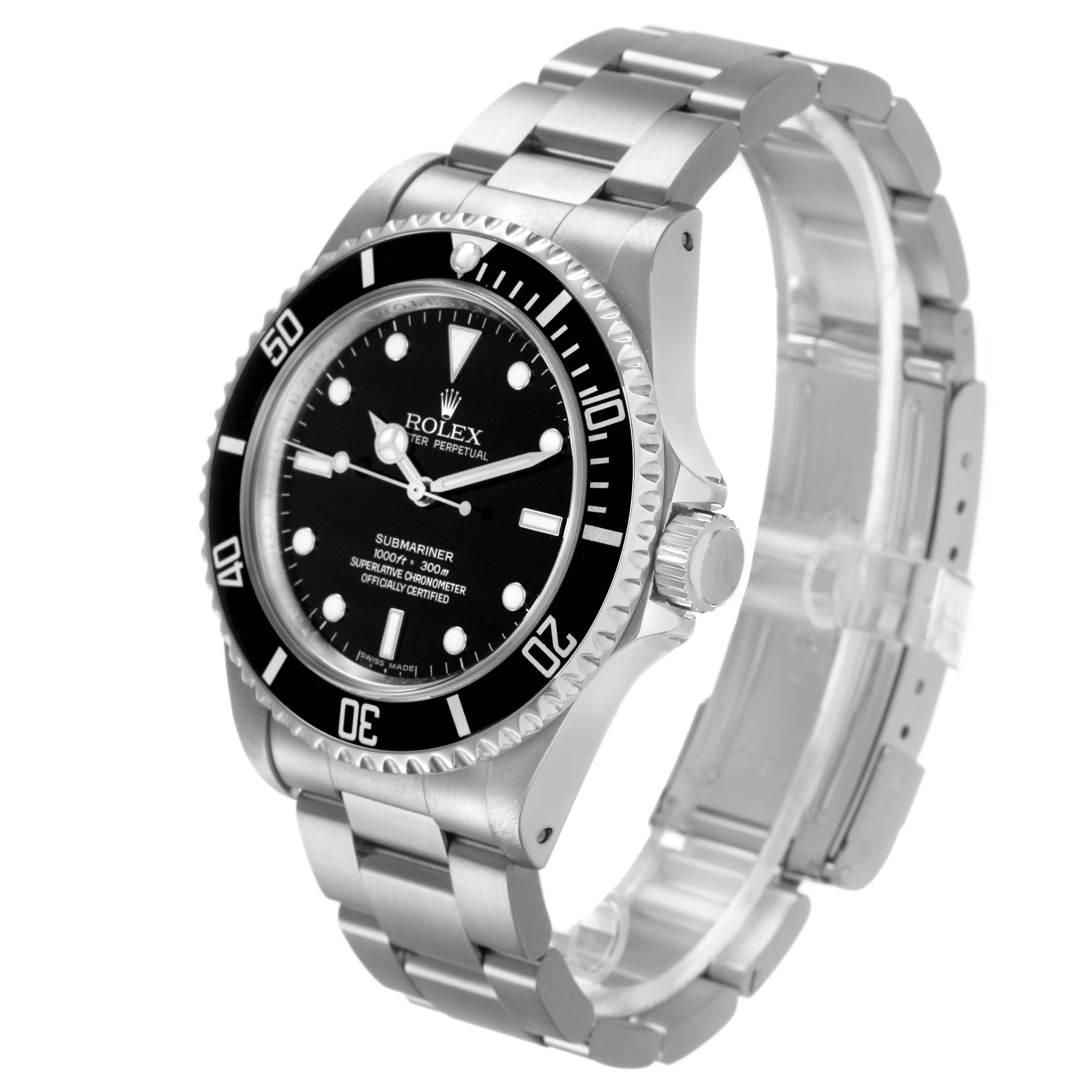 The Rolex Submariner 14060M Mens Stainless Steel Black Dial watch is shown at a three-quarter angle, displaying the black dial, bezel, crown, and stainless steel bracelet.