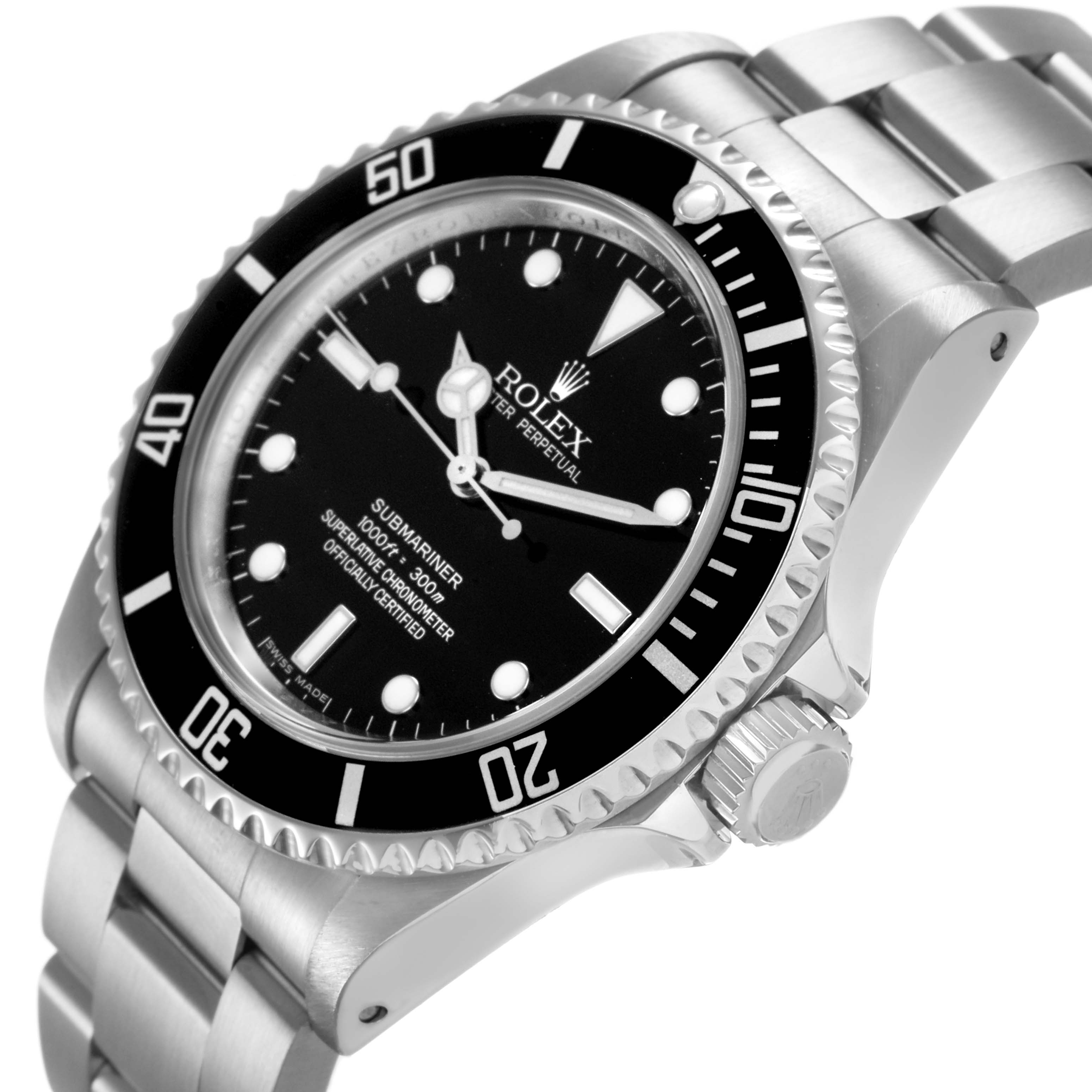 The Rolex Submariner 14060M Mens Stainless Steel Black Dial is shown at an angled side view, highlighting the bezel, crown, and bracelet.