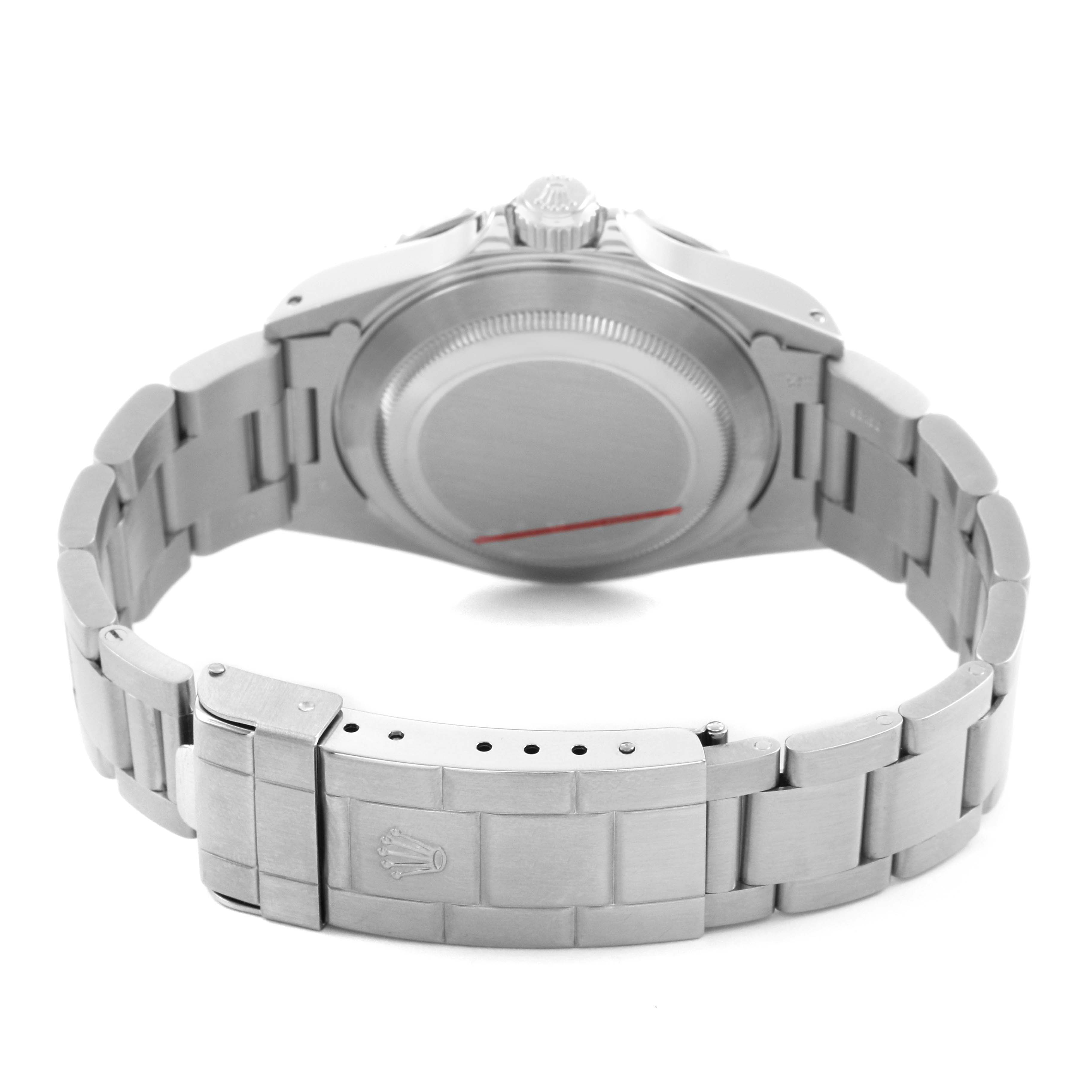 The image shows the backside of a Rolex Submariner 14060M Men's Stainless Steel Black Dial, featuring its case back and clasp at an angled view.