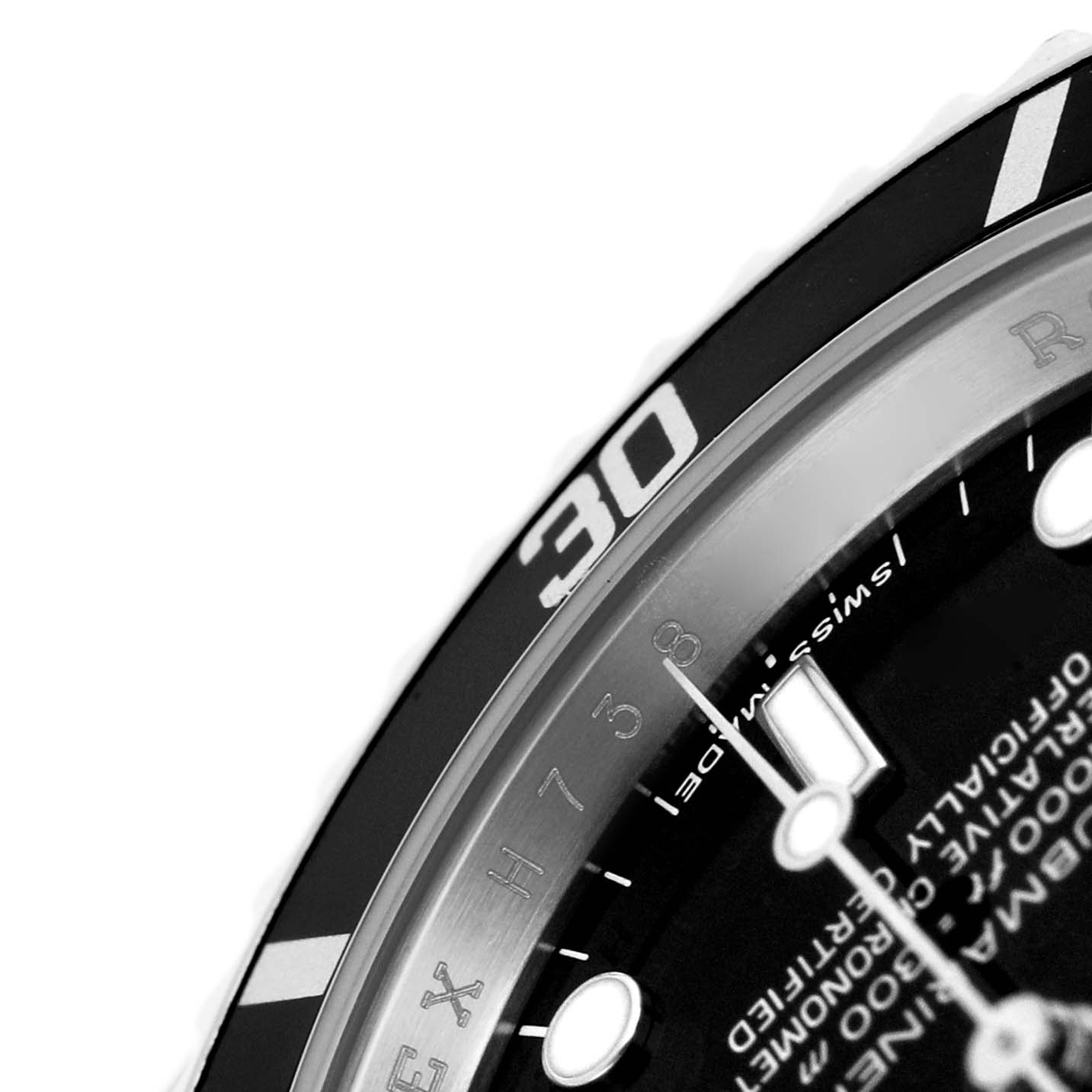 The image shows a close-up of the bezel and partial dial of a Rolex Submariner 14060M Men's Stainless Steel Black Dial watch, highlighting the "30" mark.