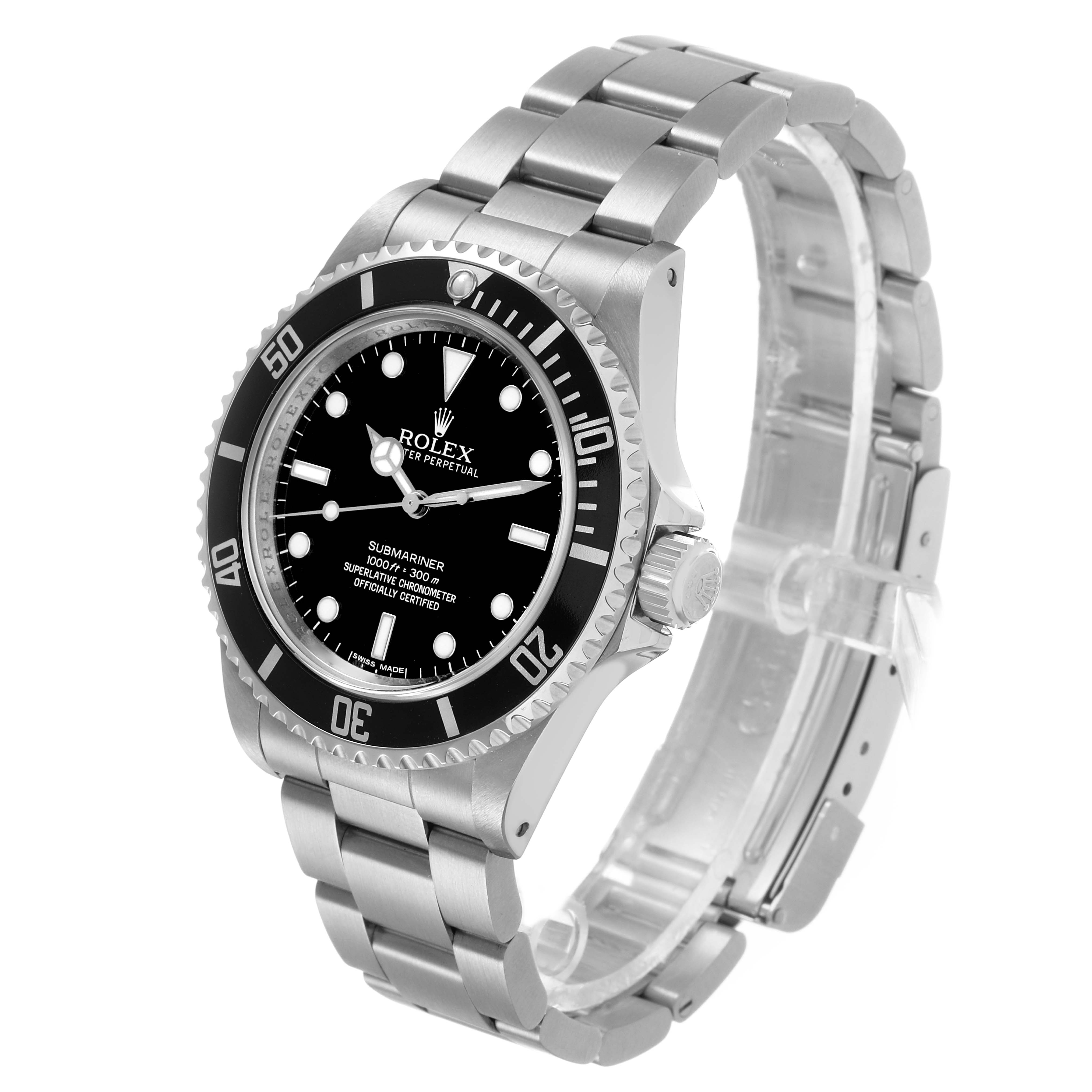 The Rolex Submariner 14060M Men's Stainless Steel Black Dial watch is shown at a front angle, displaying the bezel, dial, crown, and bracelet.