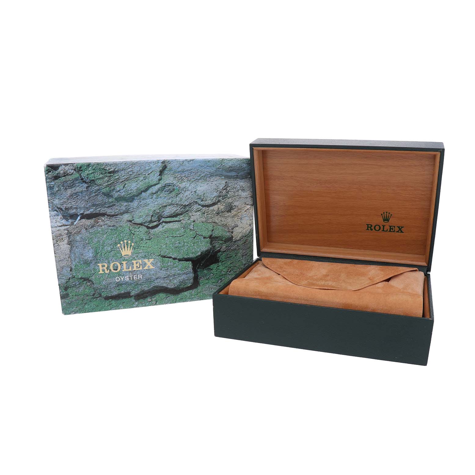 The image shows a Rolex Submariner 14060M Men's Stainless Steel Black Dial box, featuring an outer box with a textured design and an open inner wooden box.