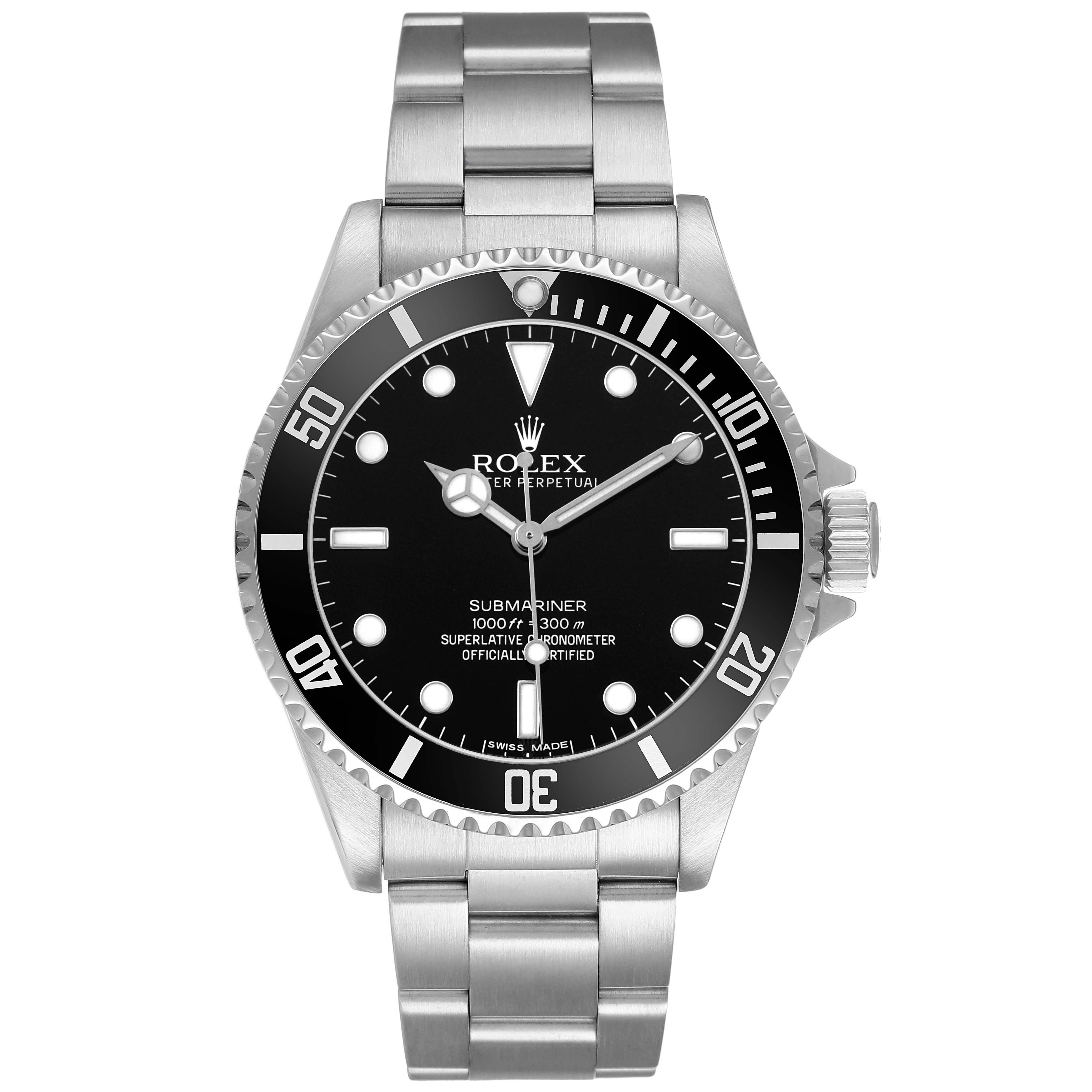 The Rolex Submariner 14060M Men's Stainless Steel Black Dial watch is shown from a front angle, highlighting the bezel, dial, and bracelet.