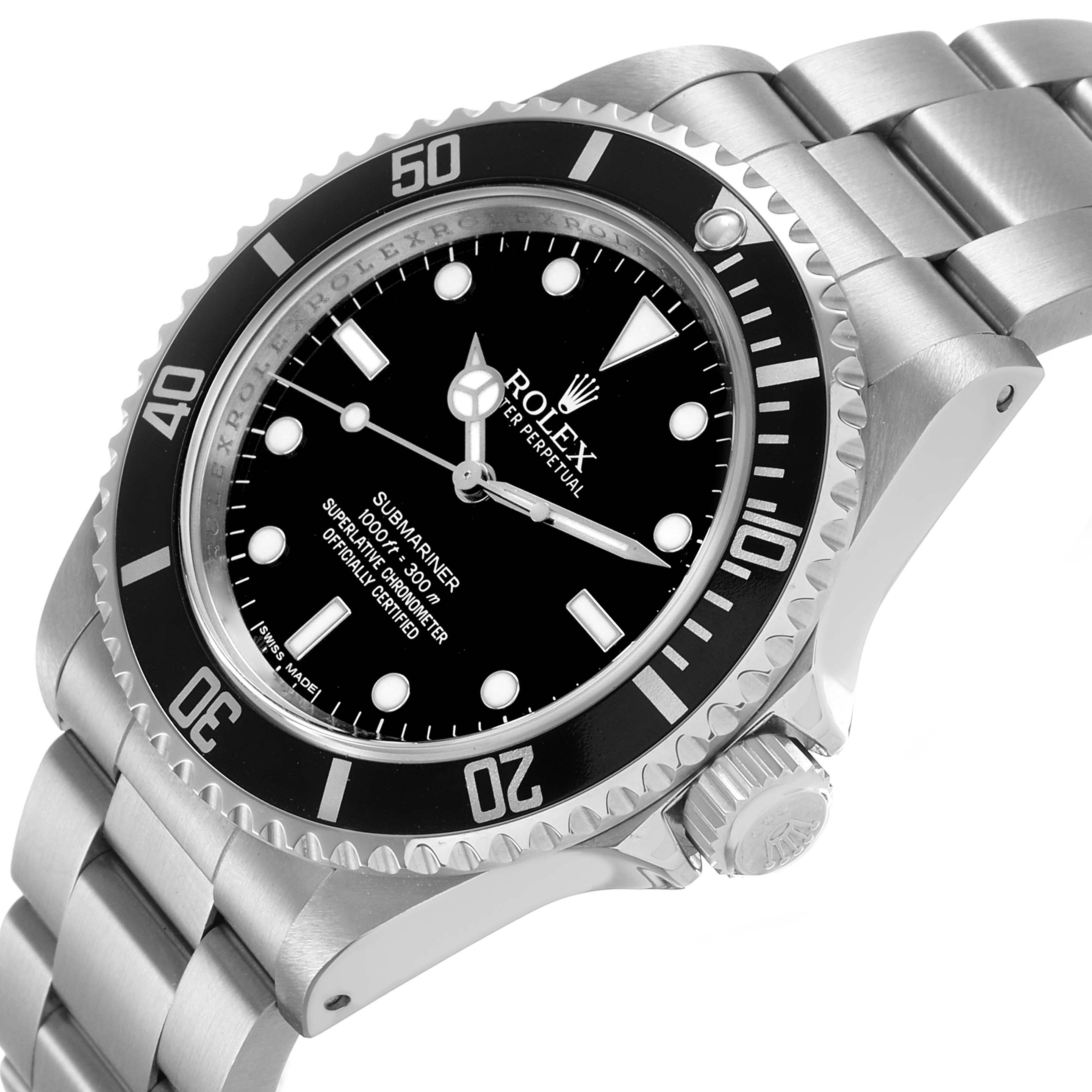 The Rolex Submariner 14060M Men's Stainless Steel Black Dial watch is shown from an angled side view, highlighting the bezel, crown, and bracelet.