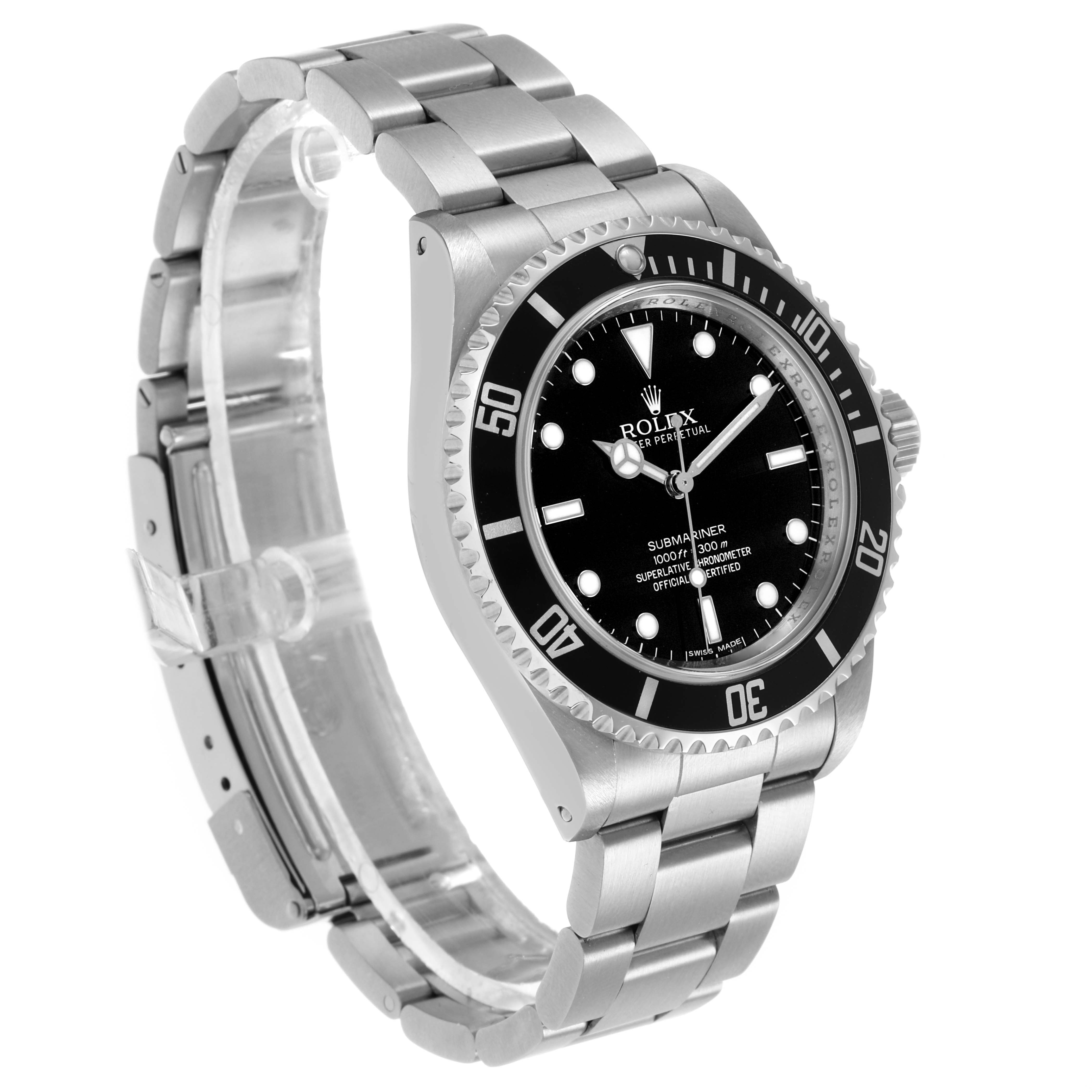 The Rolex Submariner 14060M Men's Stainless Steel Black Dial is shown at a three-quarter angle, highlighting the bezel, dial, and bracelet.