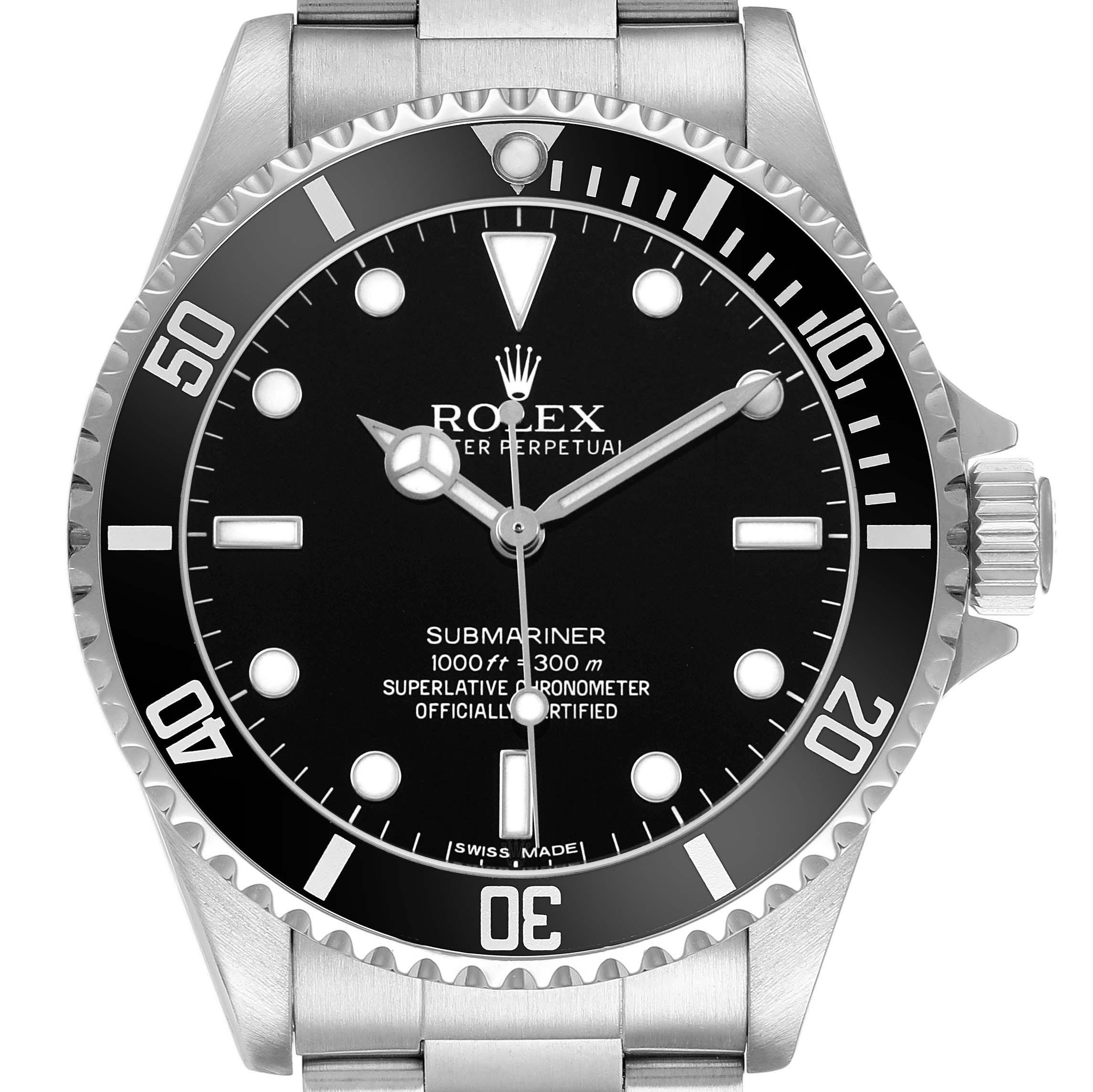 The Rolex Submariner 14060M Men's Stainless Steel Black Dial is shown head-on, displaying the face, bezel, crown, and part of the bracelet.